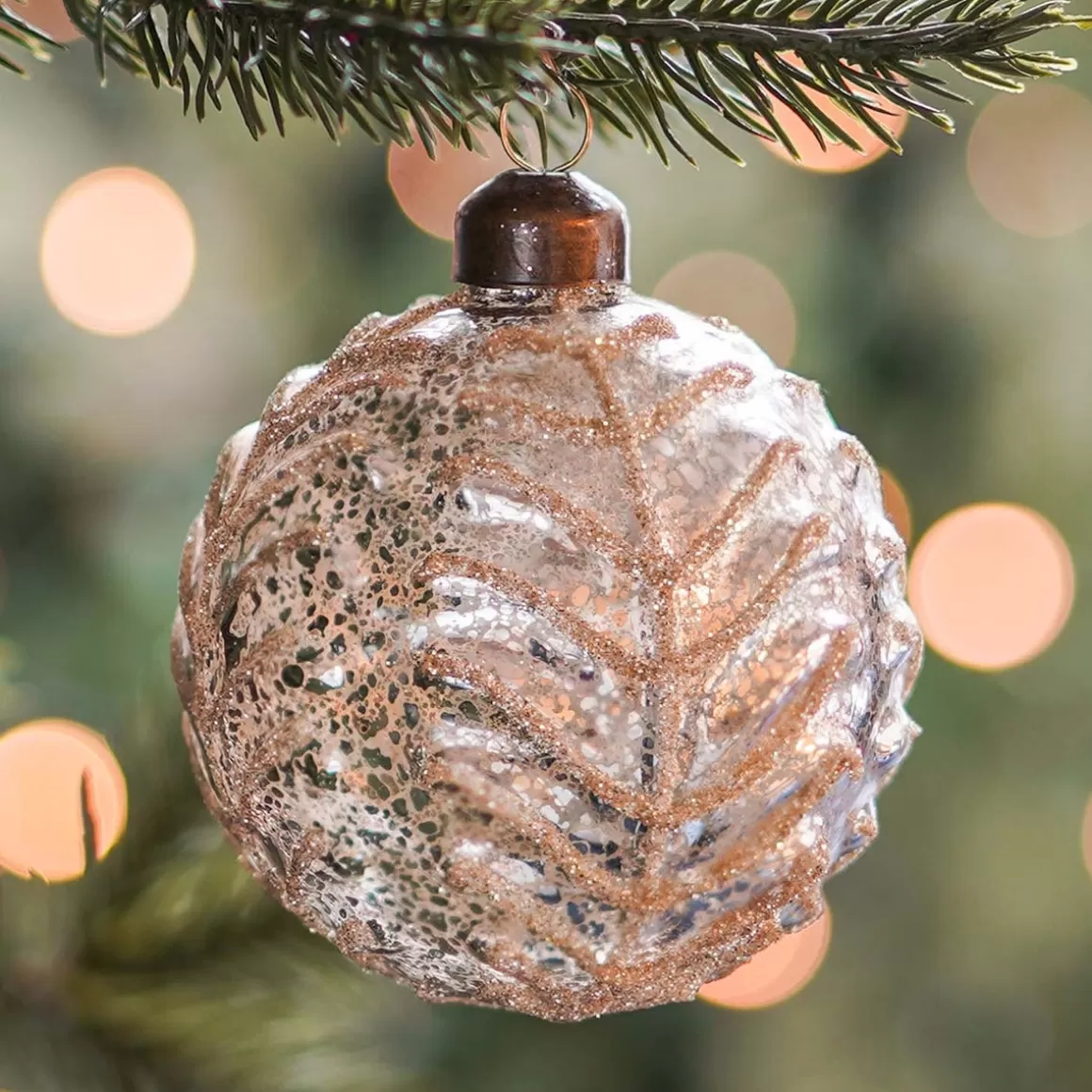 It's all about Christmas Christmas Baubles By Colour | Luxury Christmas Baubles-Luxury Christmas Bauble With Leaf Vein Relief | Champagne | Glass | 8cm