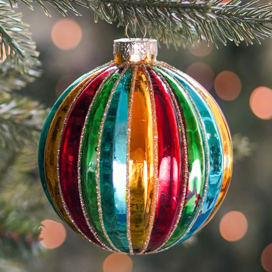 It's all about Christmas Extraordinary Baubles | Christmas Baubles By Colour-Luxury Christmas Bauble With Vertical Relief | Glass | Multi | 10cm