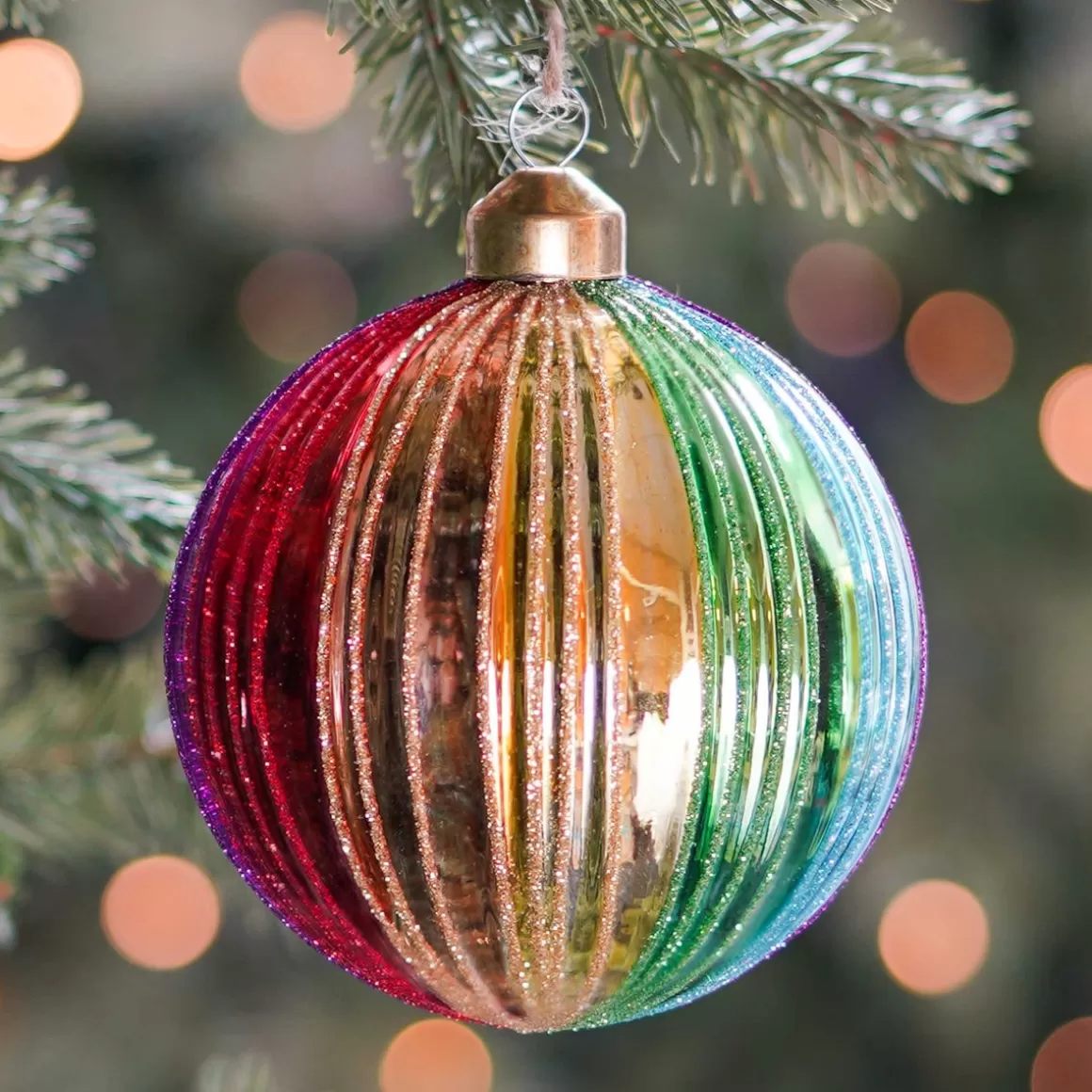 It's all about Christmas Extraordinary Baubles | Christmas Baubles By Colour-Luxury Christmas Bauble With Vertical Relief | Glass | Rainbow | 10cm