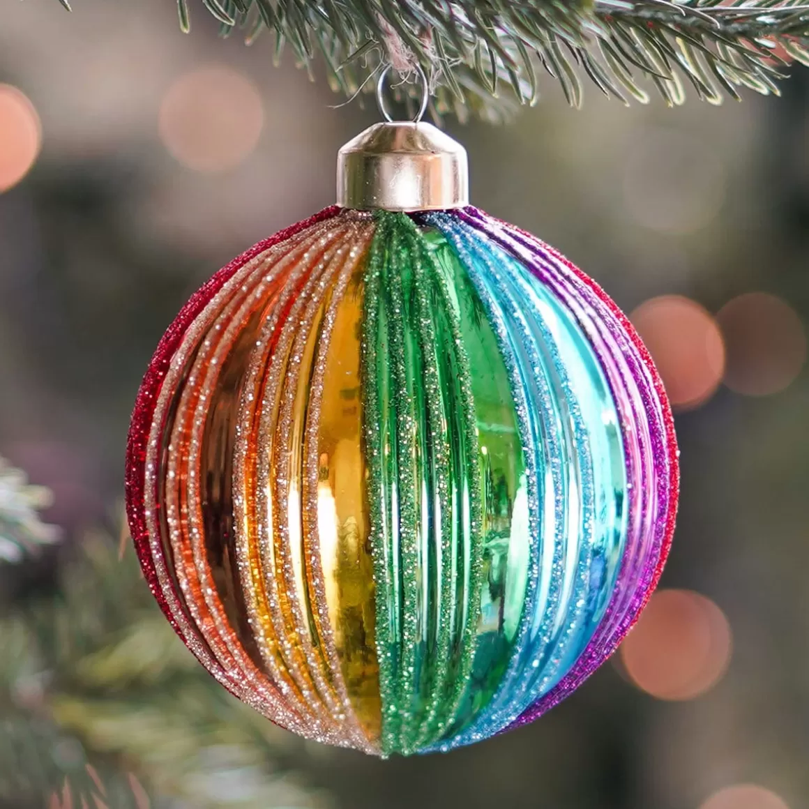 It's all about Christmas Extraordinary Baubles | Glass Christmas Baubles-Luxury Christmas Bauble With Vertical Relief | Glass | Rainbow | 8cm