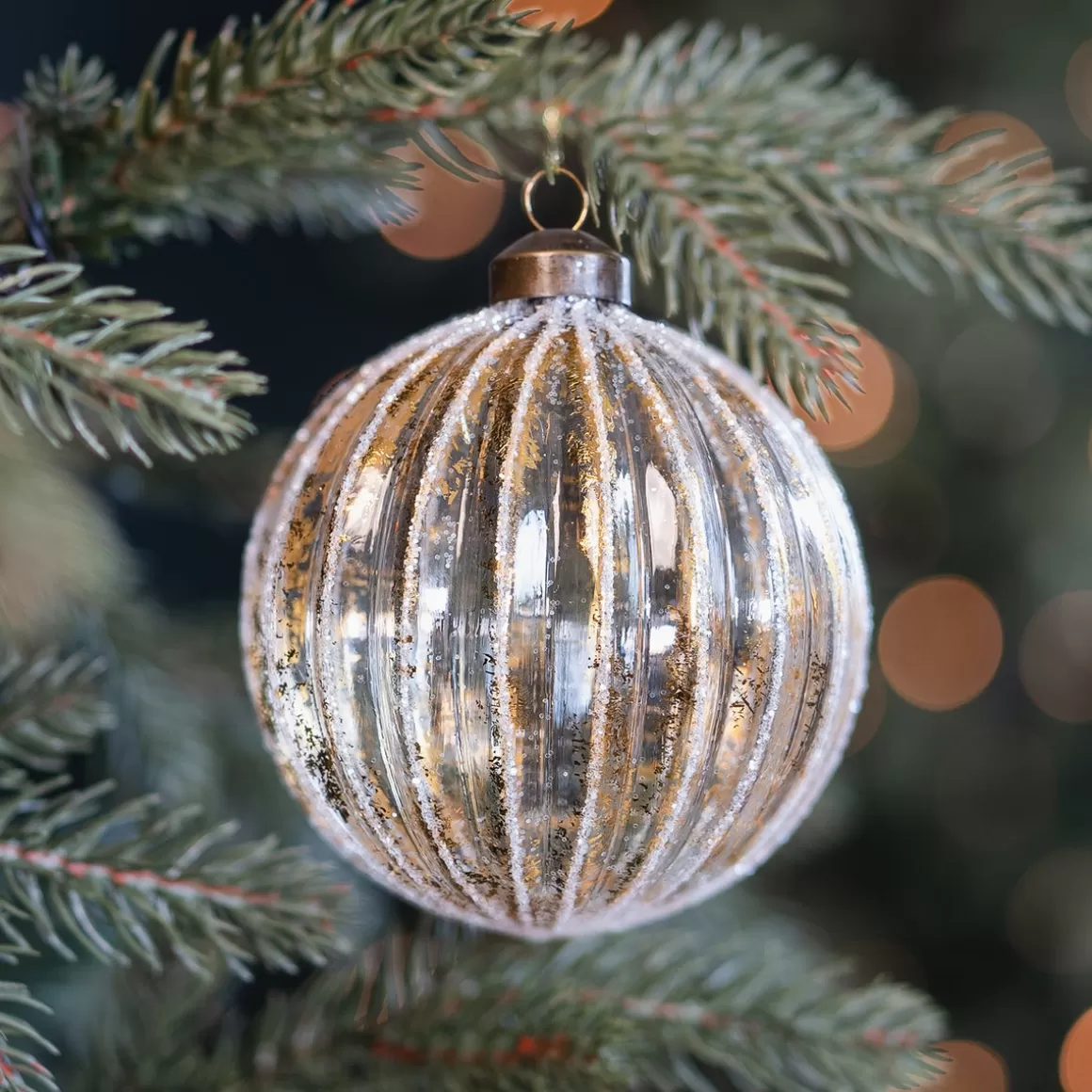 It's all about Christmas Extraordinary Baubles | Christmas Baubles By Colour-Luxury Glass Bauble With White Stripes And Gold | Glass | Transparent-Gold | 10cm