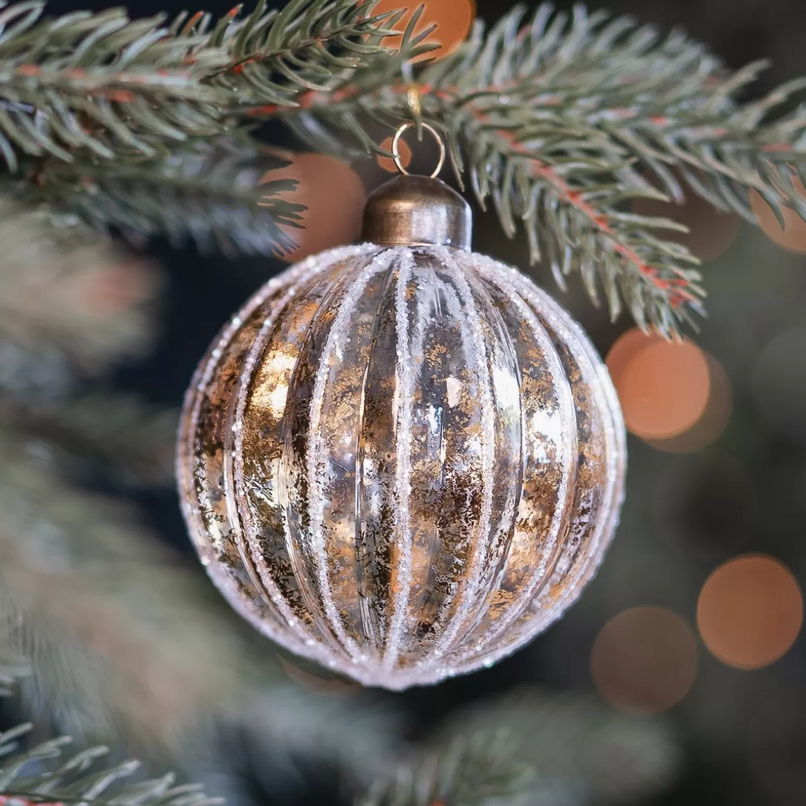 It's all about Christmas Extraordinary Baubles | Christmas Baubles By Colour-Luxury Glass Bauble With White Stripes And Gold | Glass | Transparent-Gold | 8cm