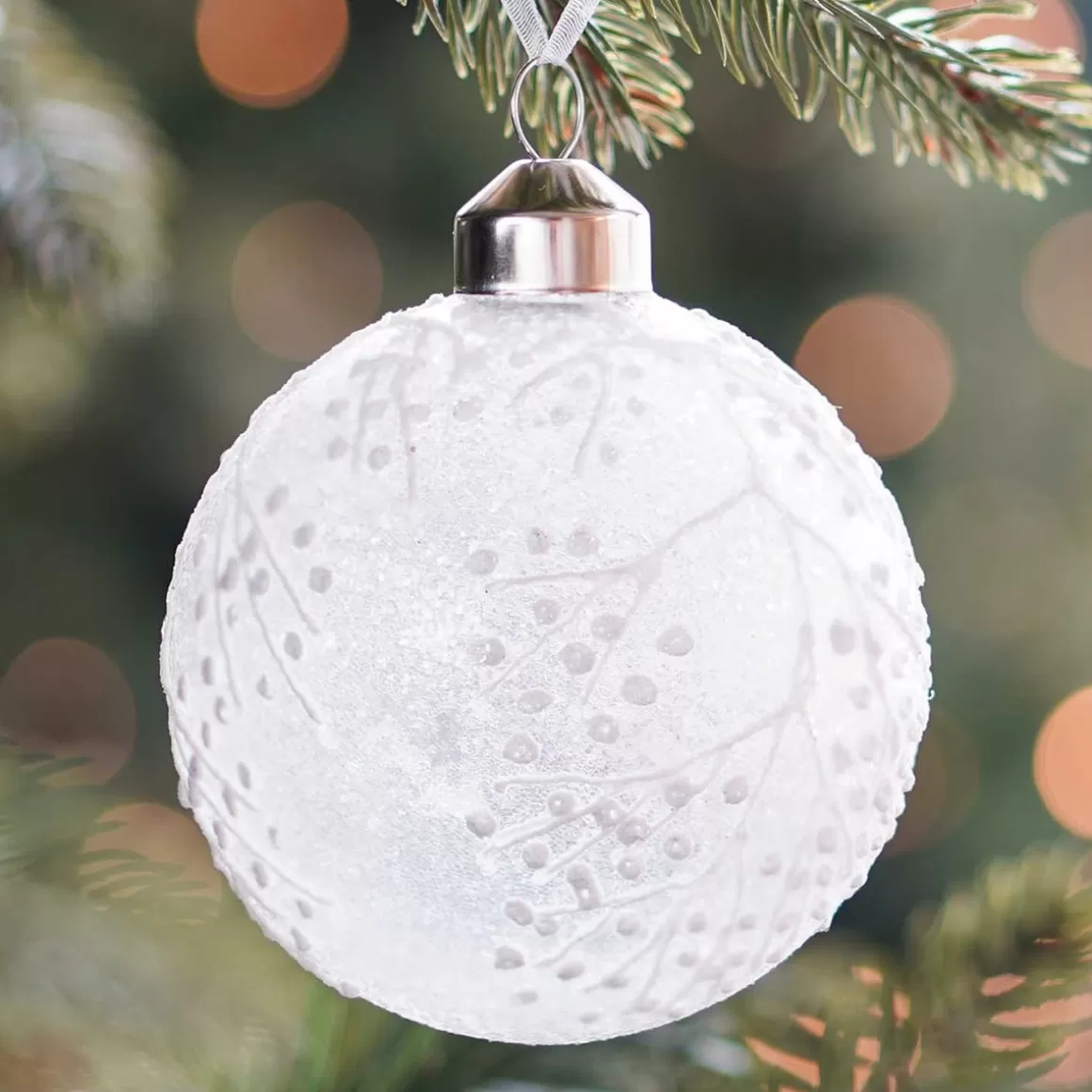 It's all about Christmas Christmas Baubles By Colour | Luxury Christmas Baubles-Luxury Glass Christmas Bauble Ice Flowers 8 Cm Milk White
