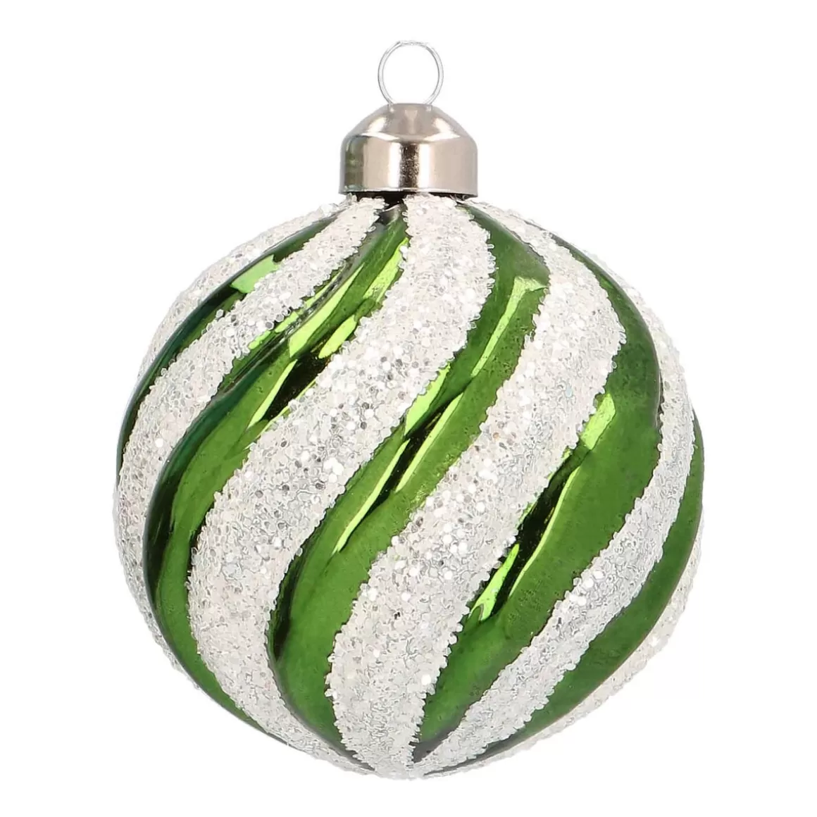 It's all about Christmas Christmas Baubles By Colour-Luxury Glass Christmas Bauble Swirl 8cm Green White