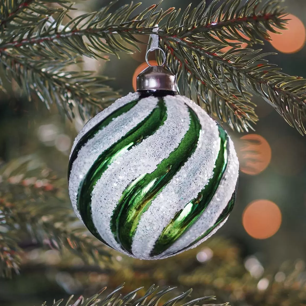 It's all about Christmas Christmas Baubles By Colour-Luxury Glass Christmas Bauble Swirl 8cm Green White