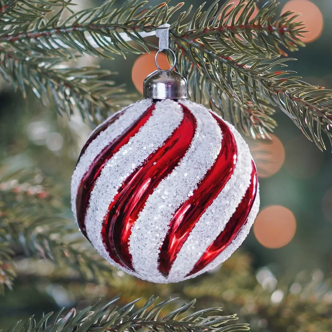 It's all about Christmas Christmas Baubles By Colour-Luxury Glass Christmas Bauble Swirl 8cm Red White