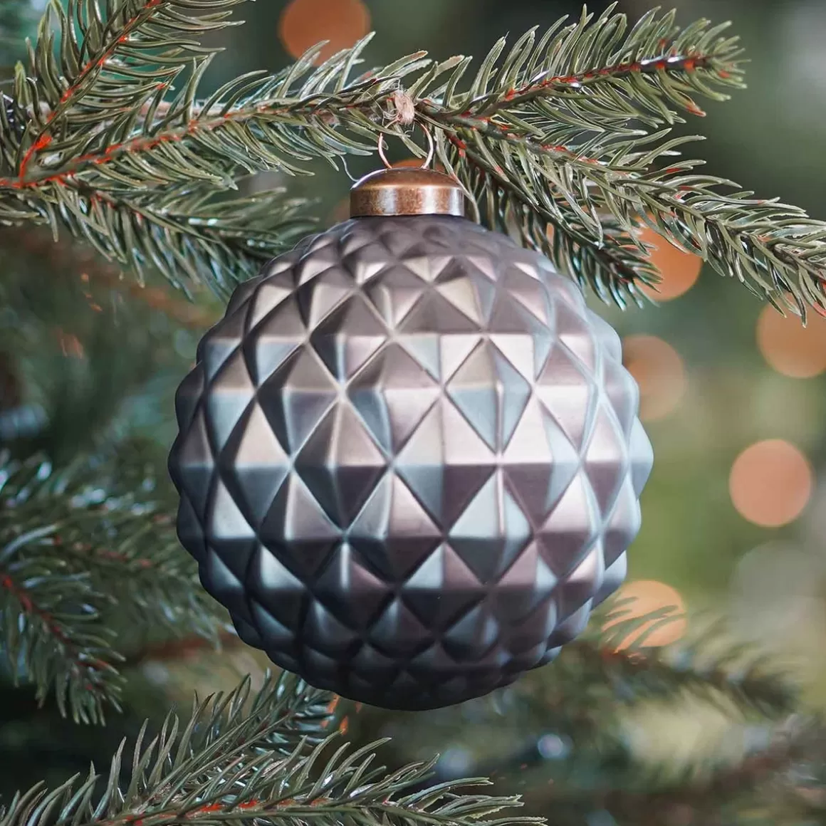 It's all about Christmas Christmas Baubles By Colour | Luxury Christmas Baubles-Luxury Glass Christmas Bauble With Geometric Relief 10 Cm Cottage Green