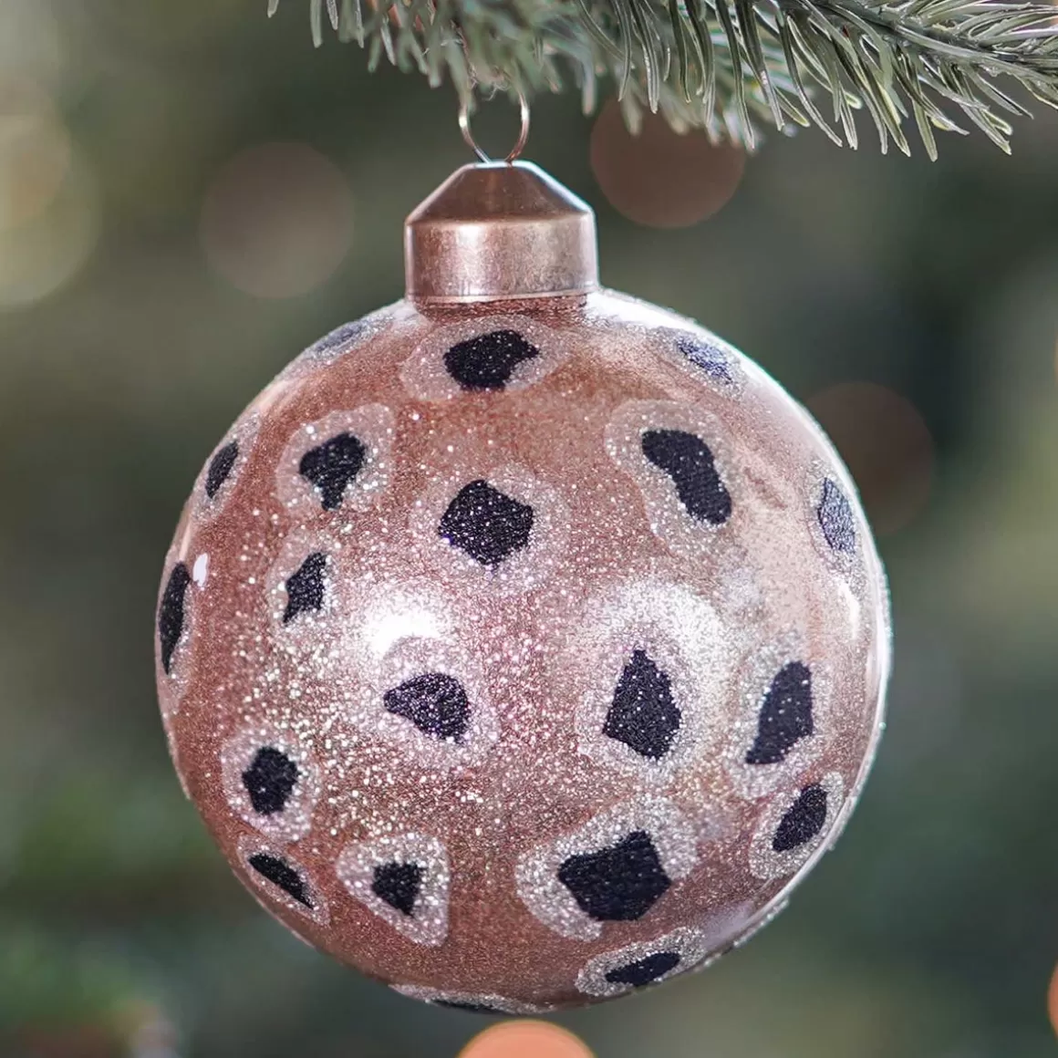 It's all about Christmas Christmas Baubles By Colour | Luxury Christmas Baubles-Luxury Glass Christmas Bauble With Leopard Print 8 Cm Light Gold
