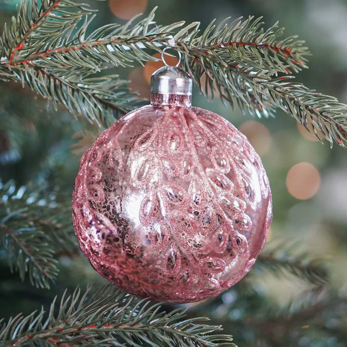 It's all about Christmas Extraordinary Baubles | Christmas Baubles By Colour-Luxury Glass Christmas Bauble With Pattern & Craquelure 10cm Pink