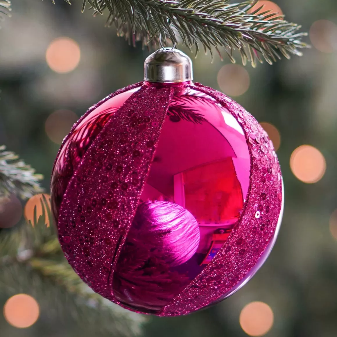 It's all about Christmas Christmas Baubles By Colour | Luxury Christmas Baubles-Luxury Glitter Swirl Bauble | Glass | Fuchsia | 10cm