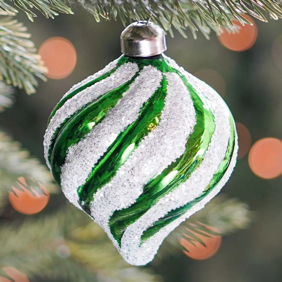 It's all about Christmas Christmas Ornaments | Christmas Baubles By Colour-Luxury Onion-Shaped Christmas Bauble With Swirl | Glass | Green-White | 8cm