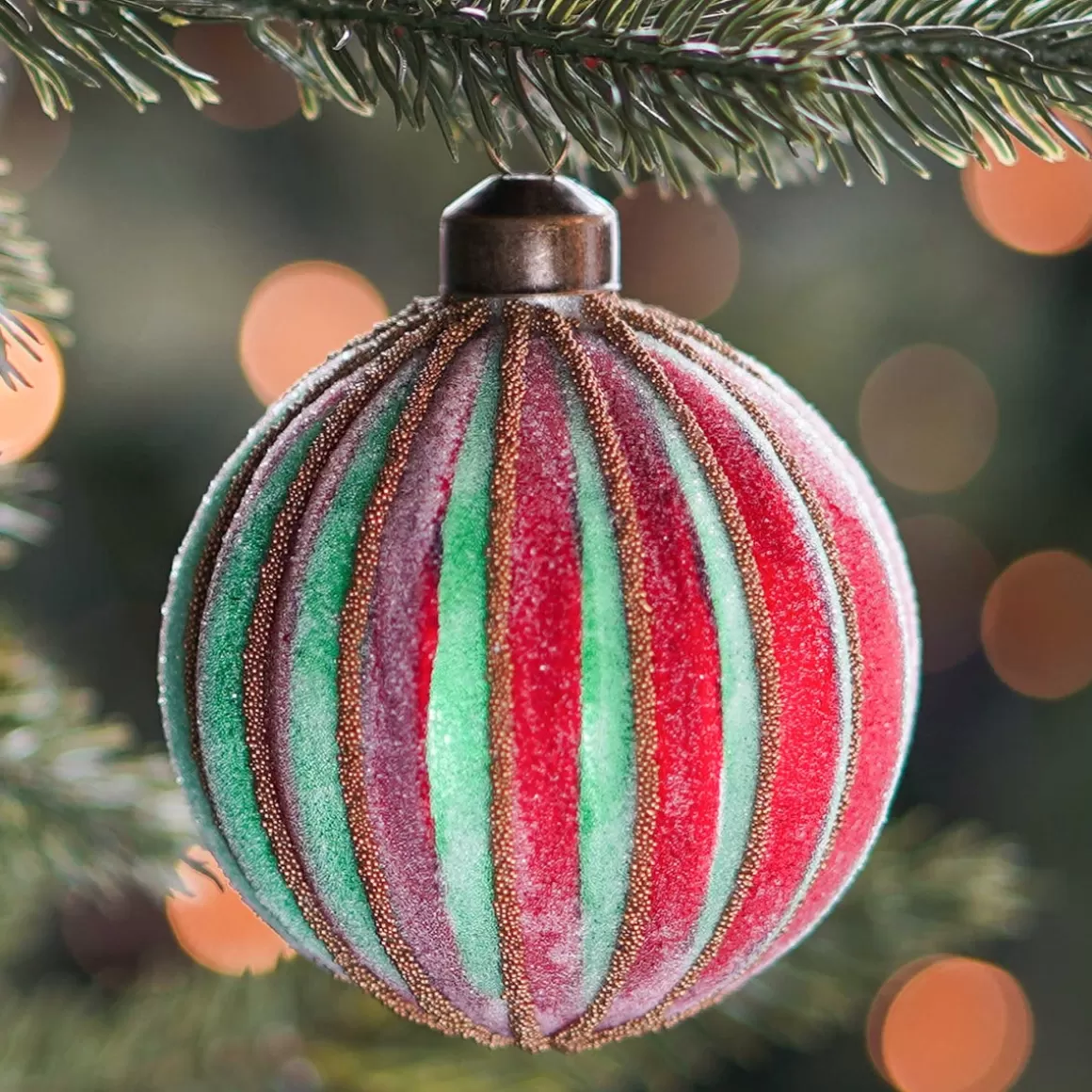 It's all about Christmas Christmas Baubles By Colour | Glass Christmas Baubles-Luxury Striped Frost Bauble | Glass | Green-Red | 8cm