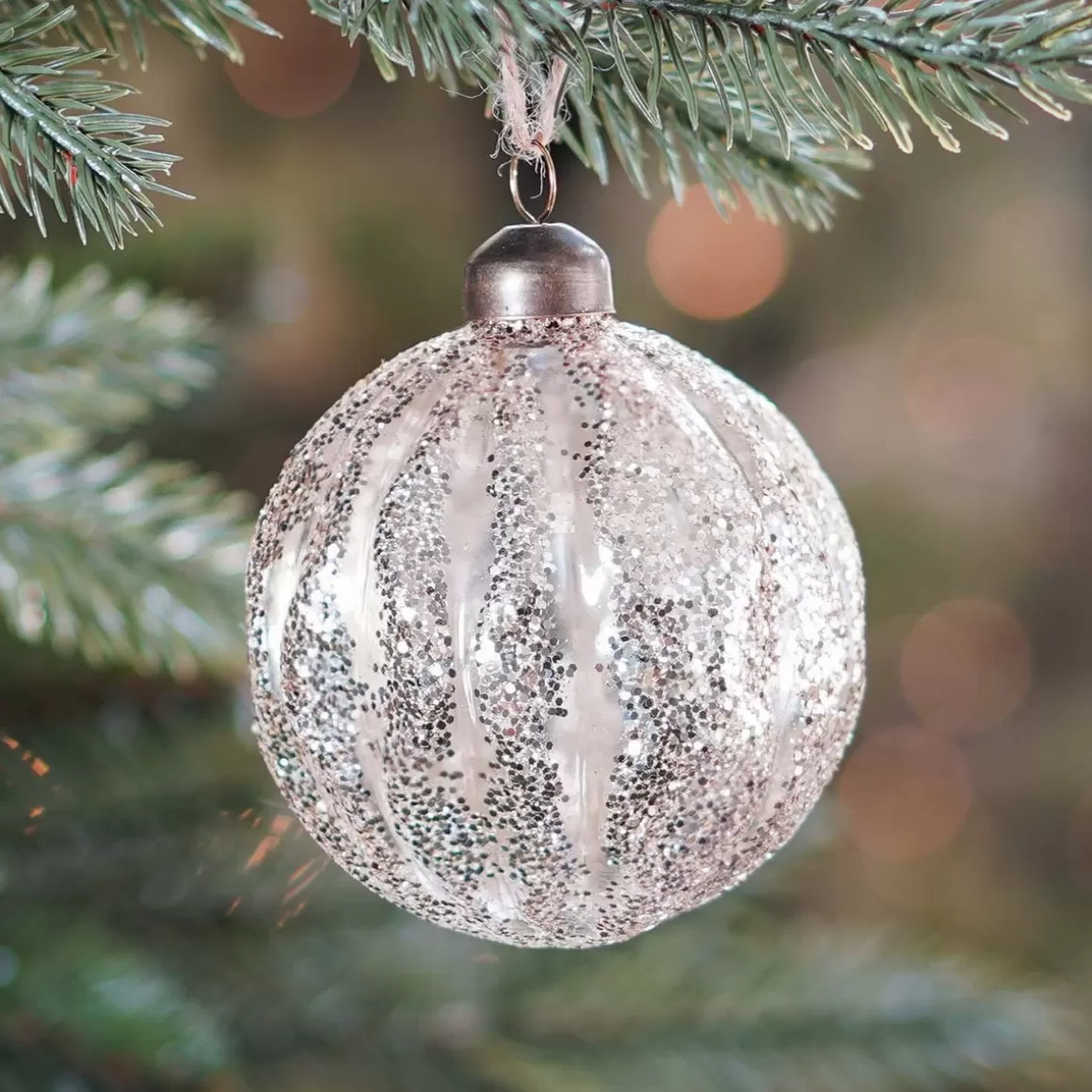 It's all about Christmas Christmas Baubles By Colour | Luxury Christmas Baubles-Luxury Transparent Christmas Bauble With Glitter Stripes | Champagne | Glass | 8cm