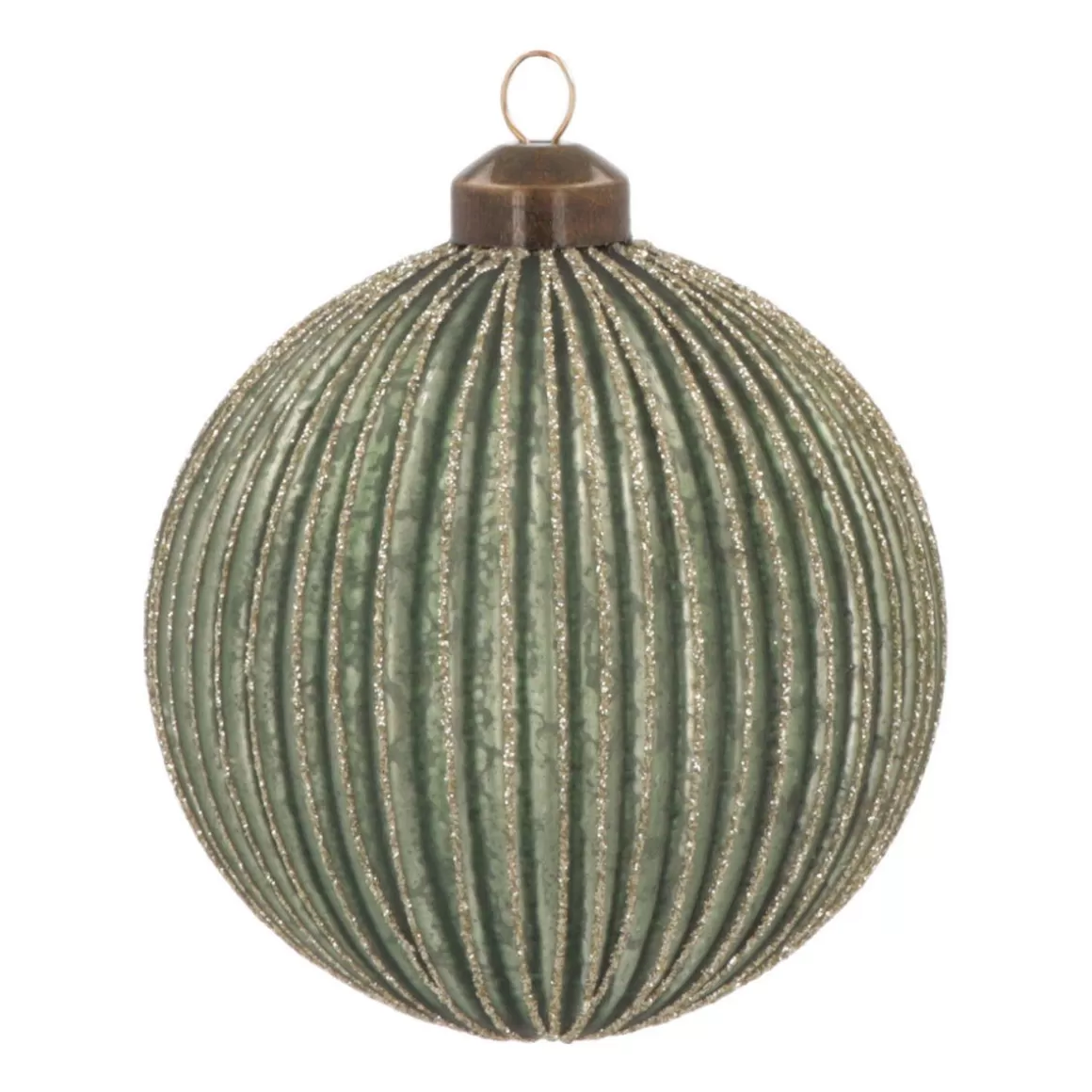 It's all about Christmas Christmas Baubles By Colour | Luxury Christmas Baubles-Luxury Vertical Relief Bauble With Glitter | Glass | Green-Gold | 10cm