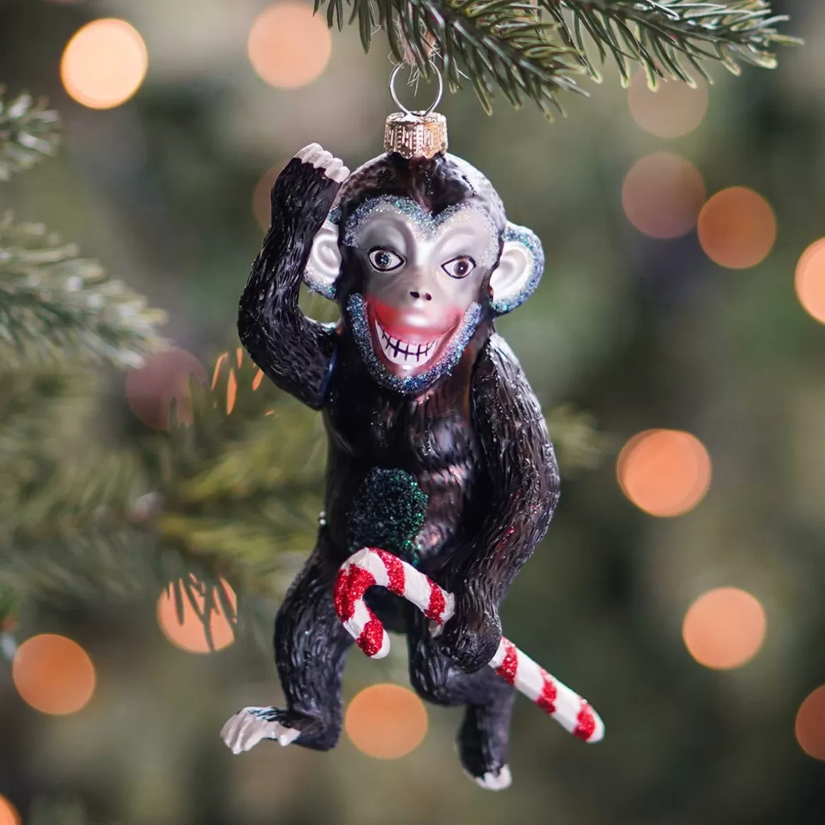 It's all about Christmas Christmas Ornaments-Monkey With Candy Cane Ornament | Glass | Black | 12cm