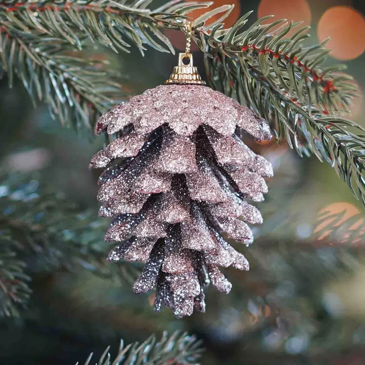 It's all about Christmas Christmas Ornaments-Natural Pine Cone Ornament | Champagne Glitter | 8 Cm