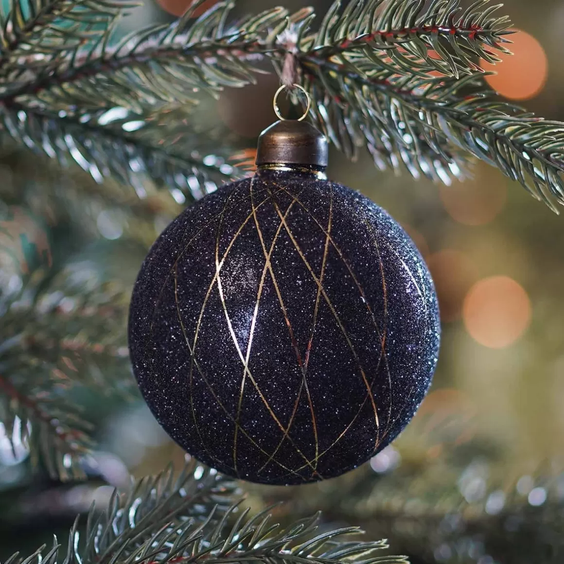 It's all about Christmas Luxury Christmas Baubles-Noble Glass Christmas Bauble With Golden Stripes 8cm Black