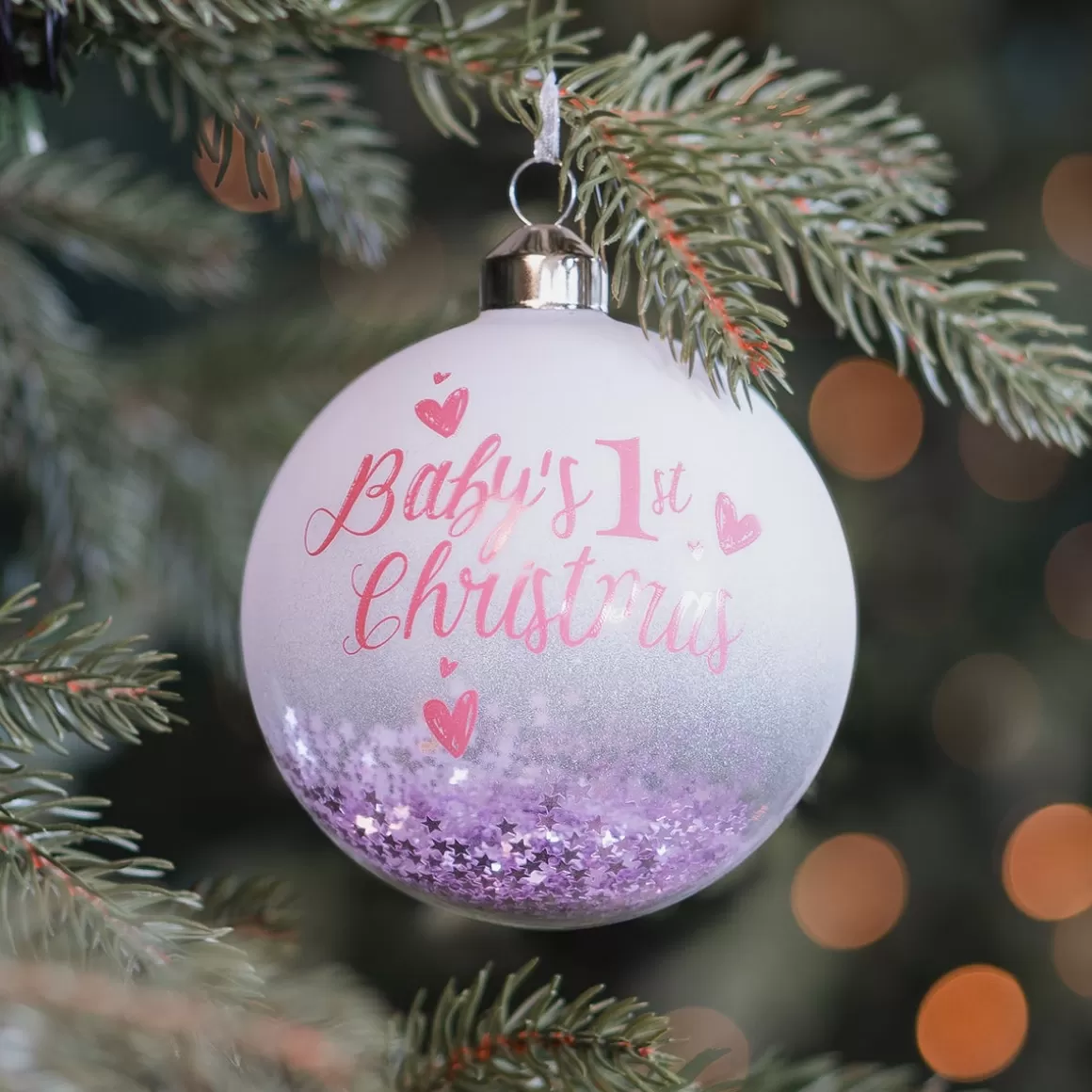 It's all about Christmas Christmas Baubles By Colour | Glass Christmas Baubles-Pink Christmas Bauble 'Baby's First Christmas'