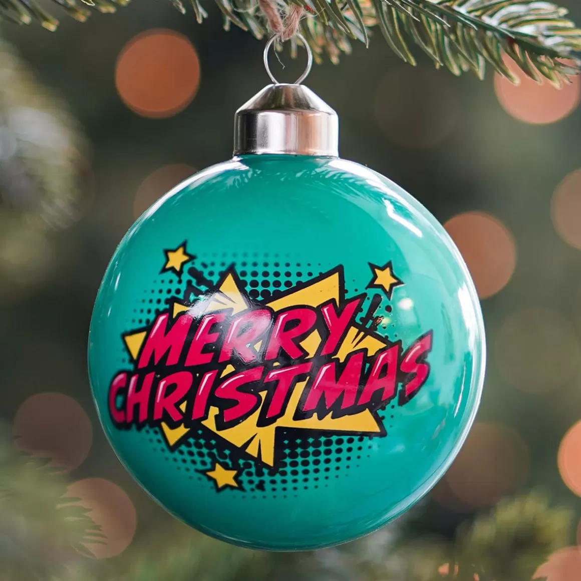 It's all about Christmas Christmas Ornaments | Extraordinary Baubles-Pop-art Christmas Bauble "Merry Christmas" | Glass | Teal | 8 Cm