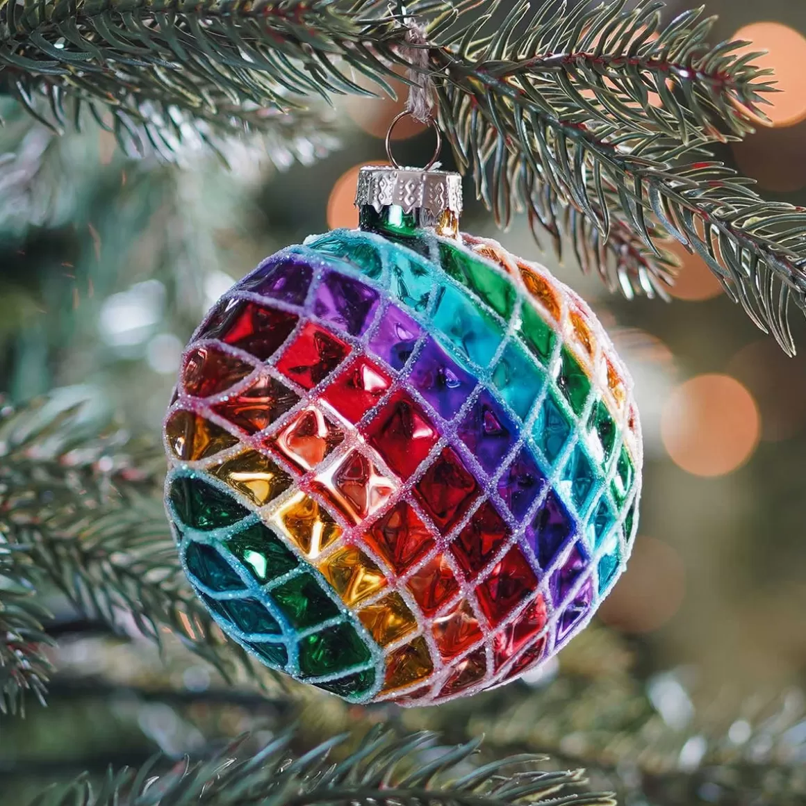 It's all about Christmas Extraordinary Baubles | Luxury Christmas Baubles-Rainbow Glass Christmas Bauble With Squares 9,5cm