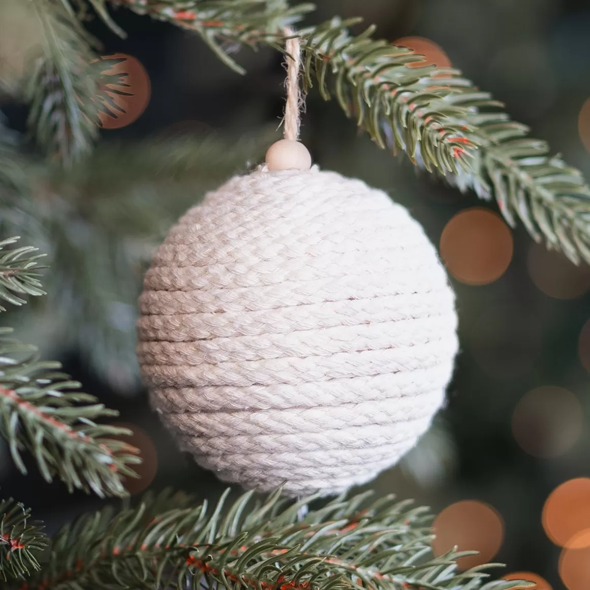 It's all about Christmas Christmas Ornaments | Plastic Christmas Baubles-Rustic Christmas Bauble Wool White With Rope