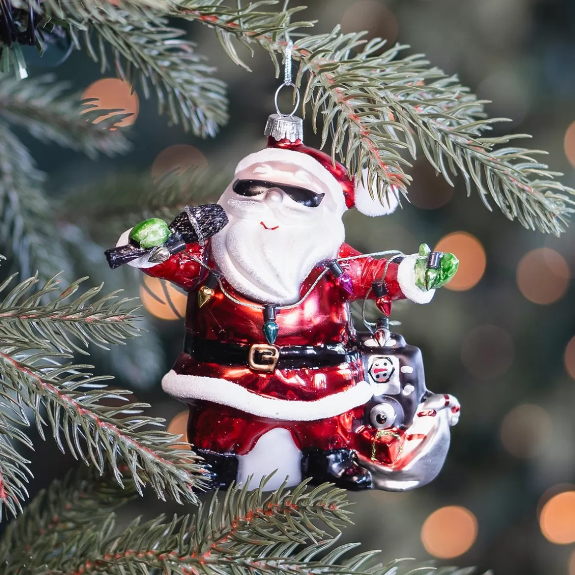 It's all about Christmas Christmastree Decorations Glass | Christmas Ornaments-Singing Santa Ornament With Sunglasses And Microphone