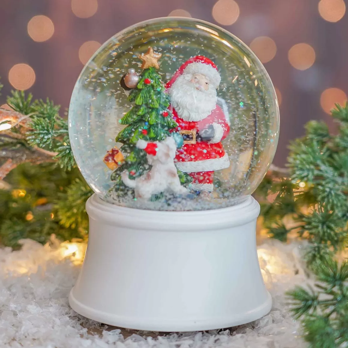 It's all about Christmas All Christmas Decorations | Snowglobes-Snow Globe Santa With Dog 15cm With Music