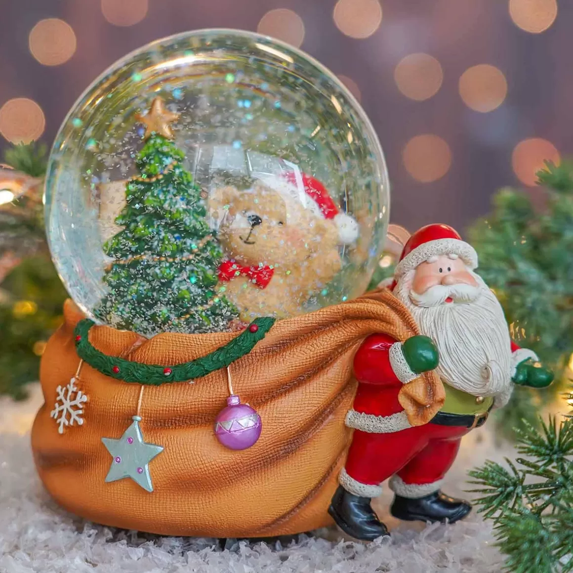 It's all about Christmas Snowglobes-Snow Globe With Santa And Teddy Bear | Music | ⌀9cm | 15cm Tall
