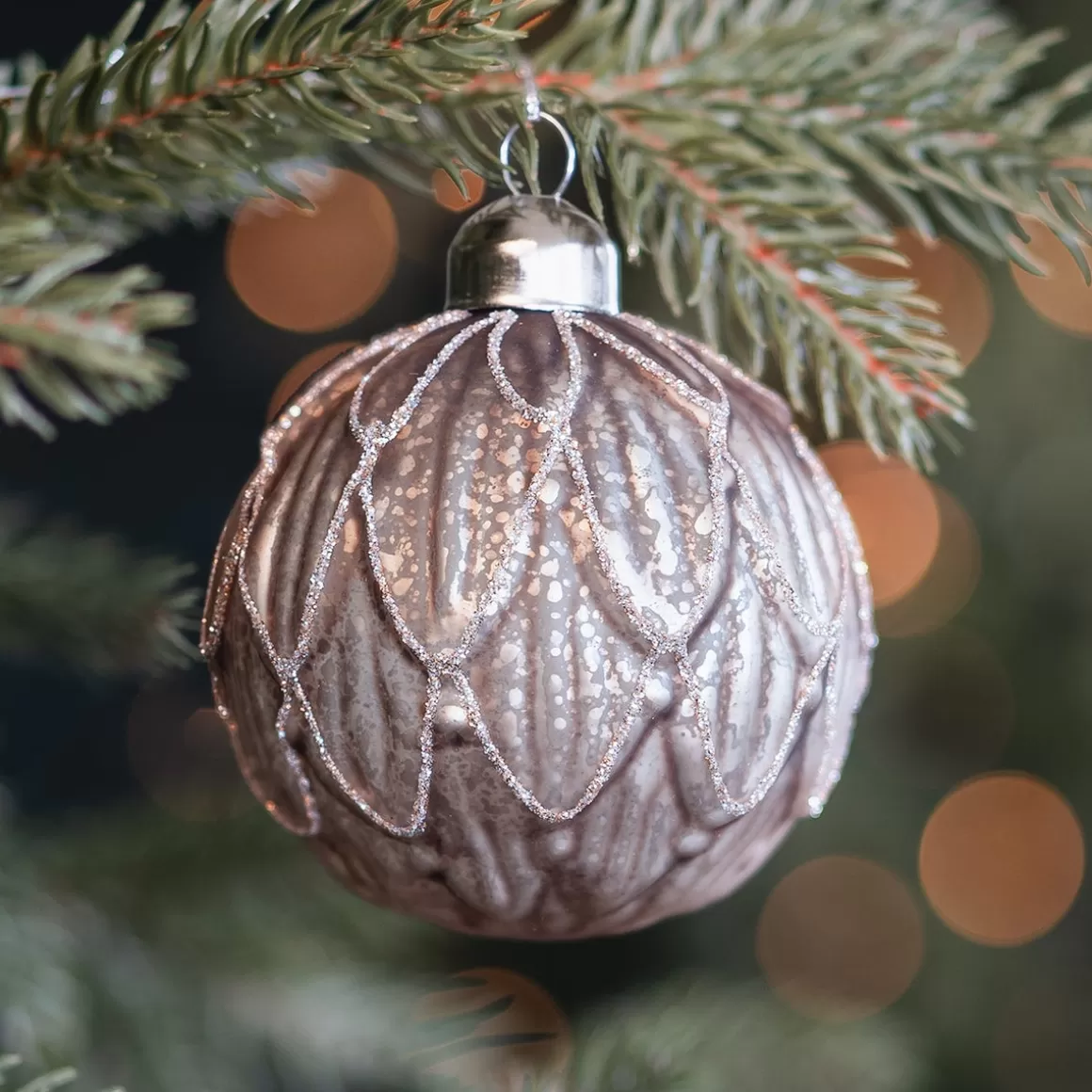 It's all about Christmas Christmastree Decorations Glass | Extraordinary Baubles-Taupe Christmas Bauble With Elegant Leaf Motif