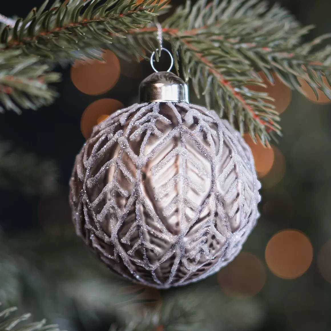 It's all about Christmas Christmastree Decorations Glass | Glass Christmas Baubles-Taupe Christmas Bauble With Natural Leaf Motif