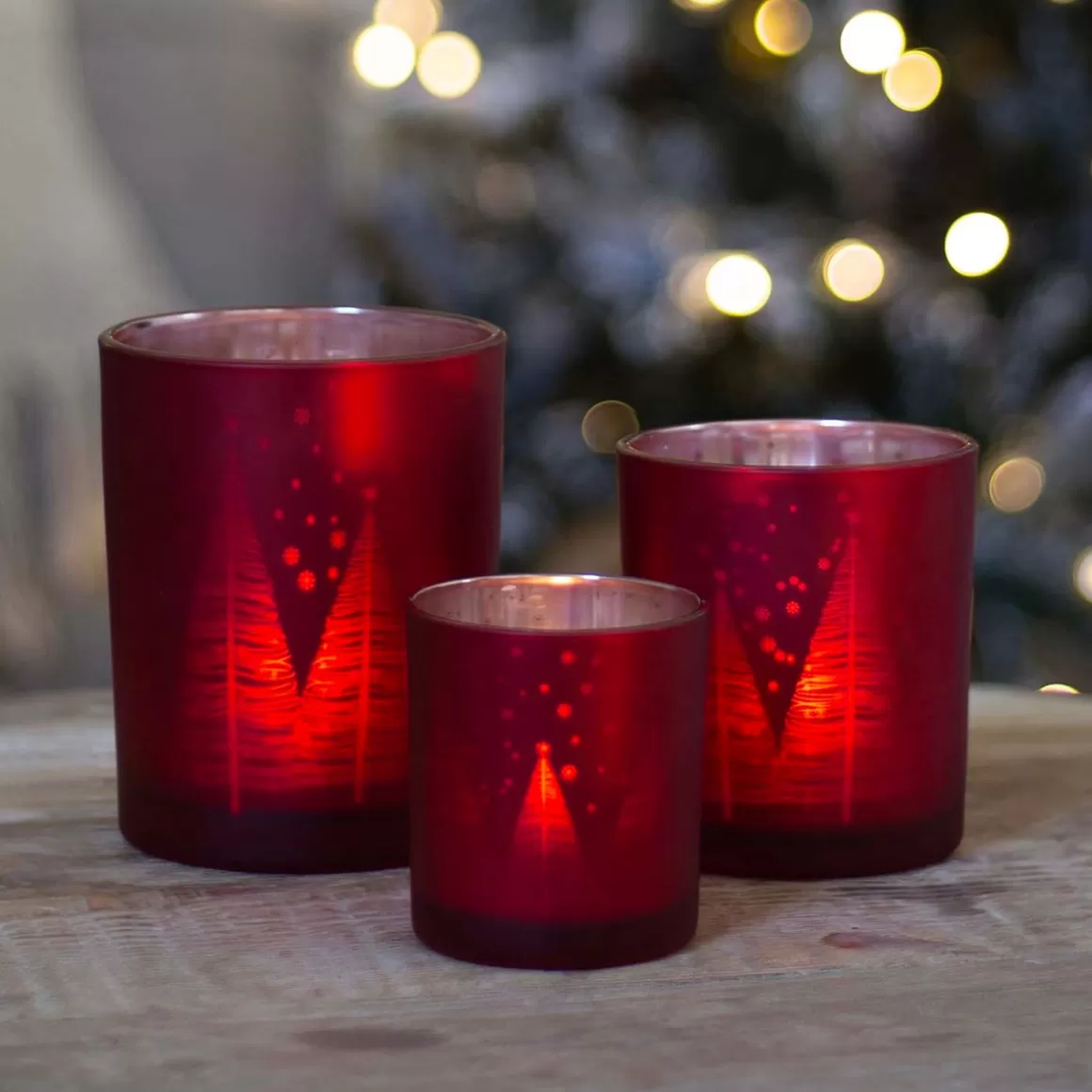 It's all about Christmas Candles-Tealight Holder With Christmas Trees | Glass | 10cm | Red