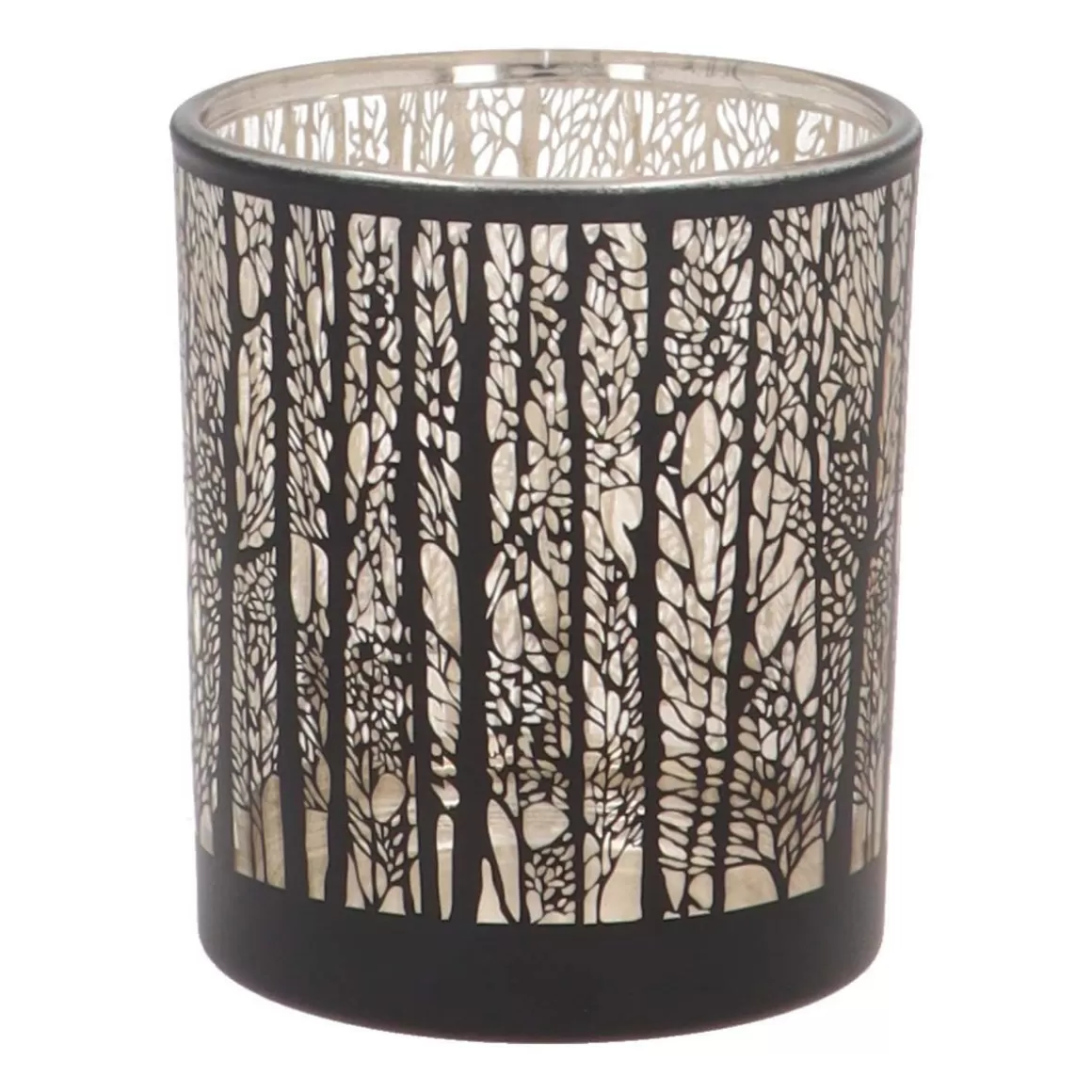 It's all about Christmas Candles-Tealight Holder With Forest Silhouette | Glass | Black-gold | 8cm