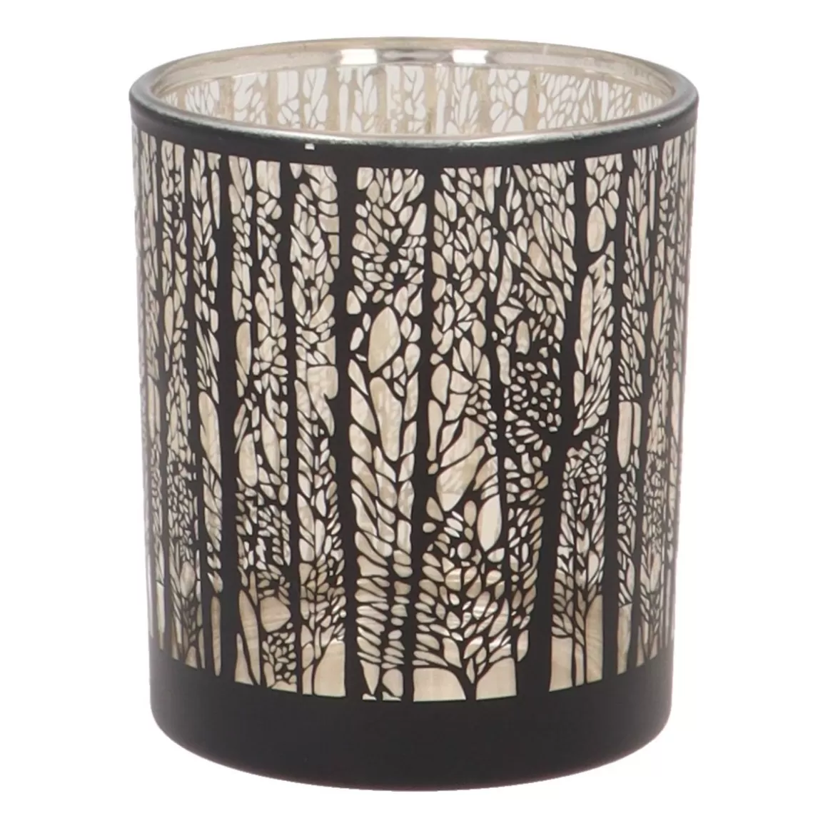 It's all about Christmas Candles-Tealight Holder With Forest Silhouette | Glass | Black-gold | 8cm