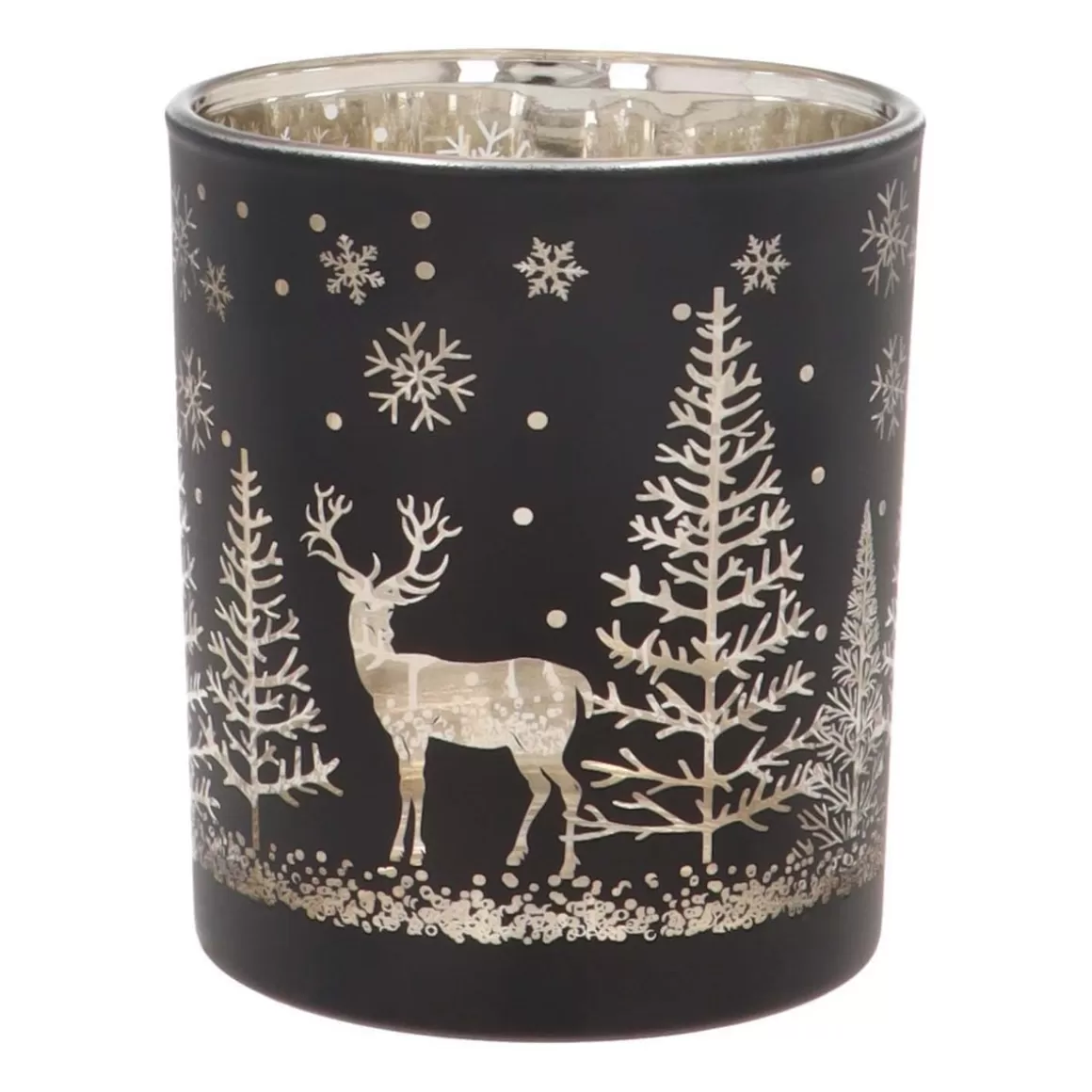 It's all about Christmas Candles-Tealight Holder With Reindeer In Forest | Glass | 10cm | Black-gold