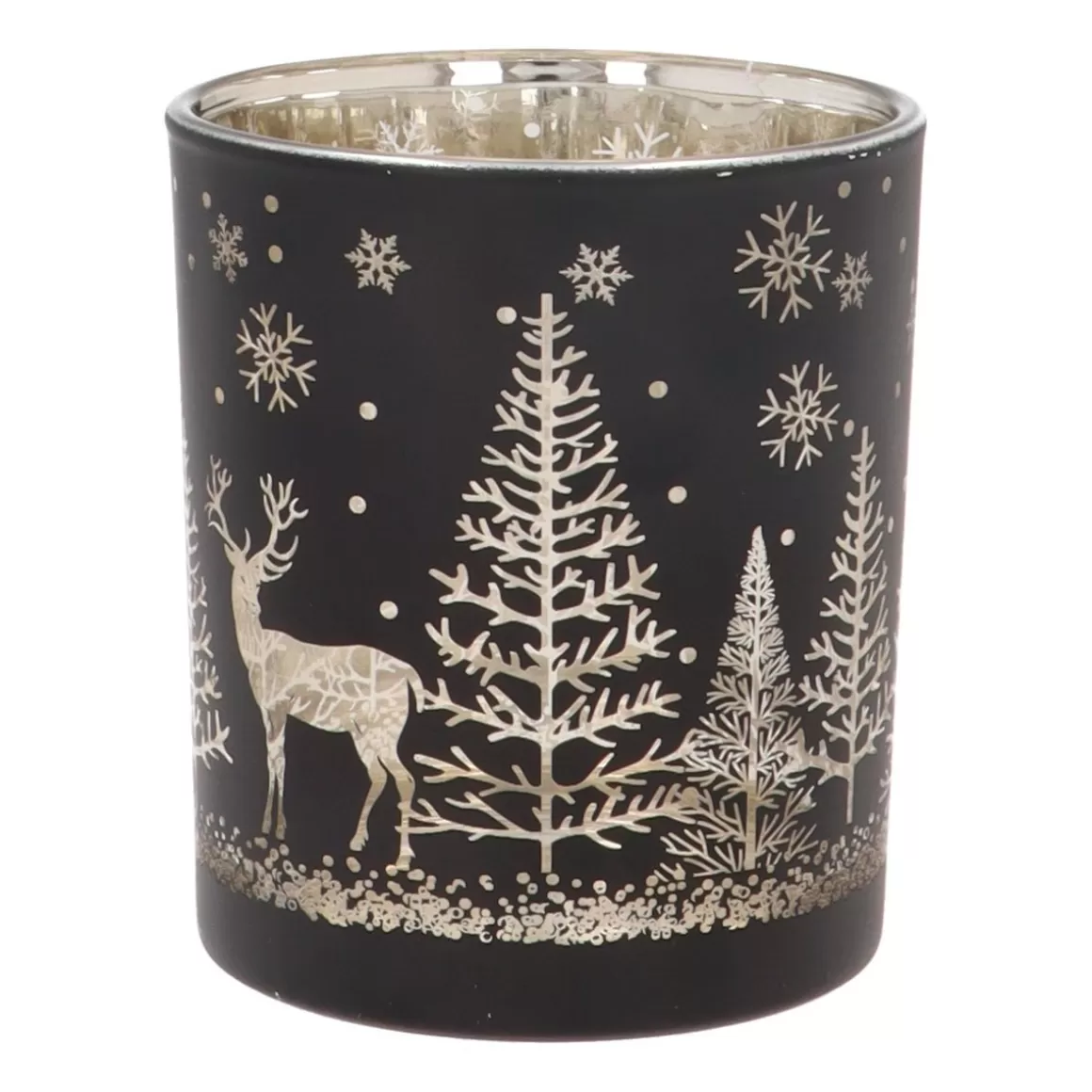 It's all about Christmas Candles-Tealight Holder With Reindeer In Forest | Glass | 10cm | Black-gold