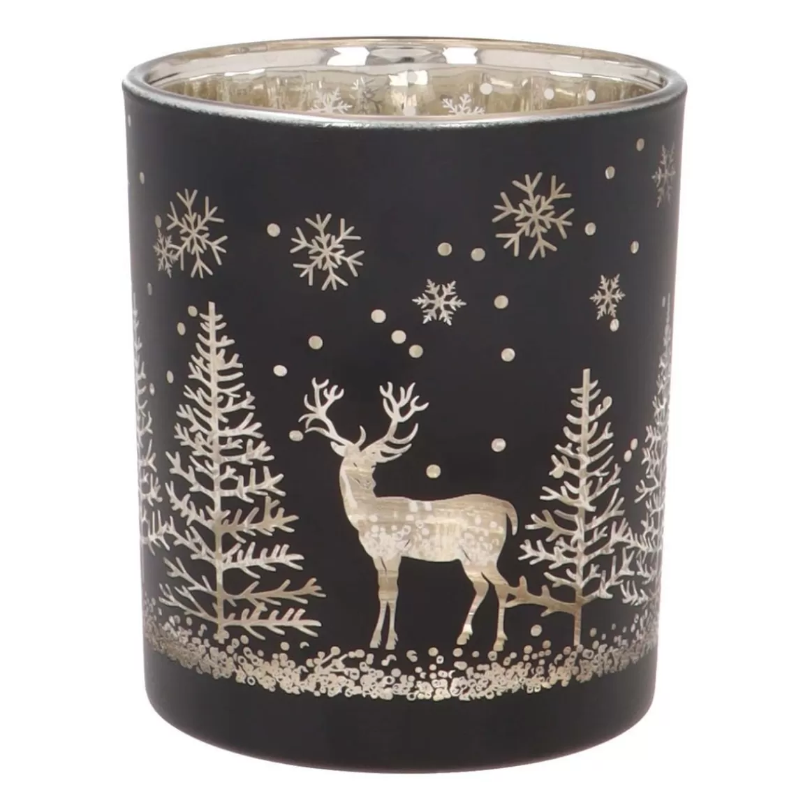 It's all about Christmas Candles-Tealight Holder With Reindeer In Forest | Glass | 10cm | Black-gold