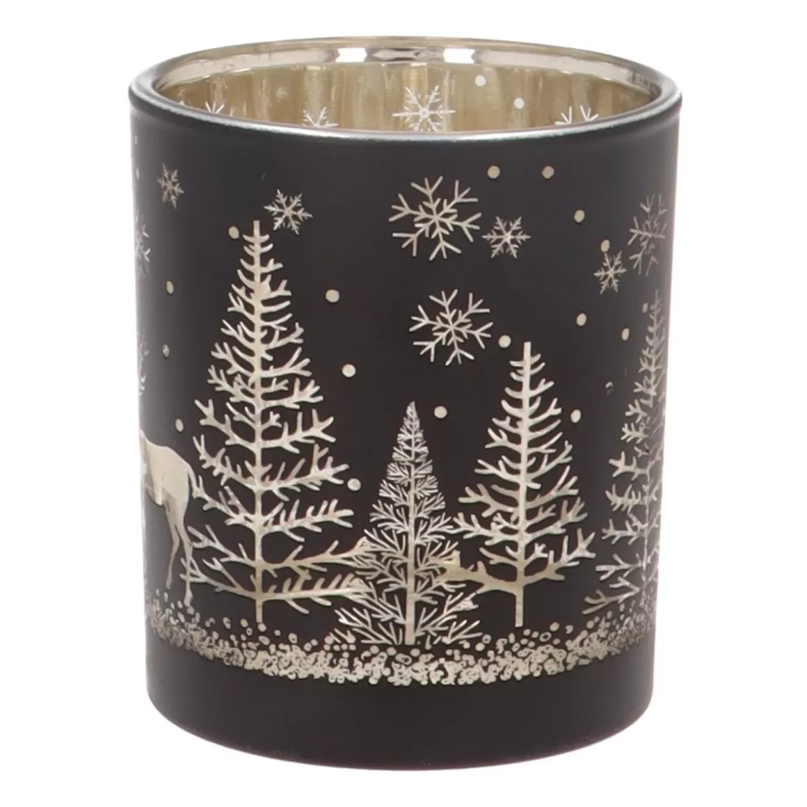 It's all about Christmas Candles-Tealight Holder With Reindeer In Forest | Glass | 8cm | Black-gold