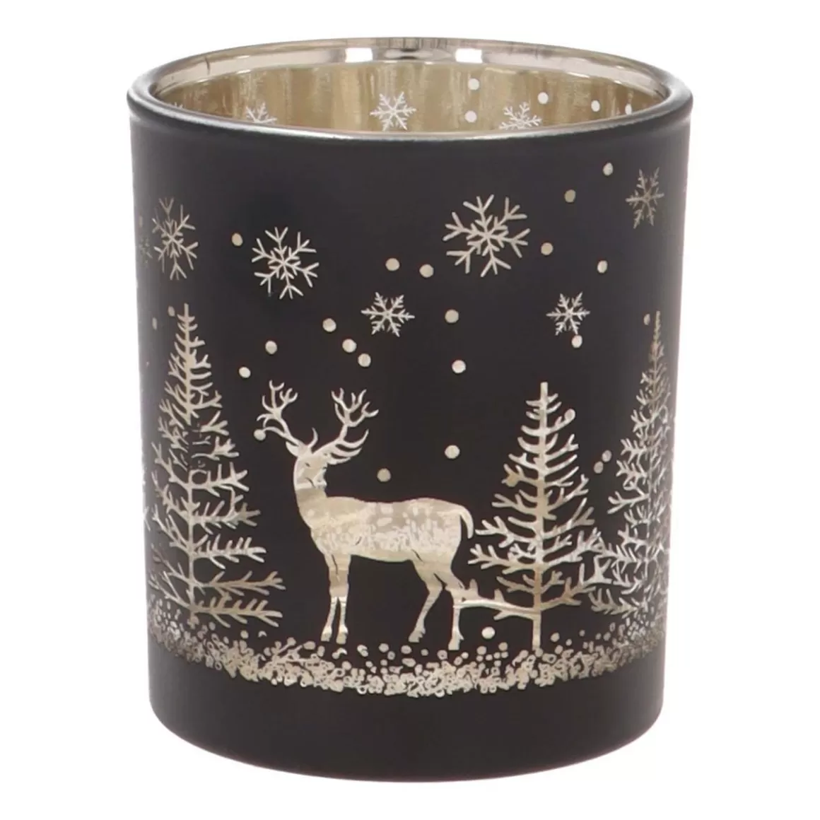 It's all about Christmas Candles-Tealight Holder With Reindeer In Forest | Glass | 8cm | Black-gold