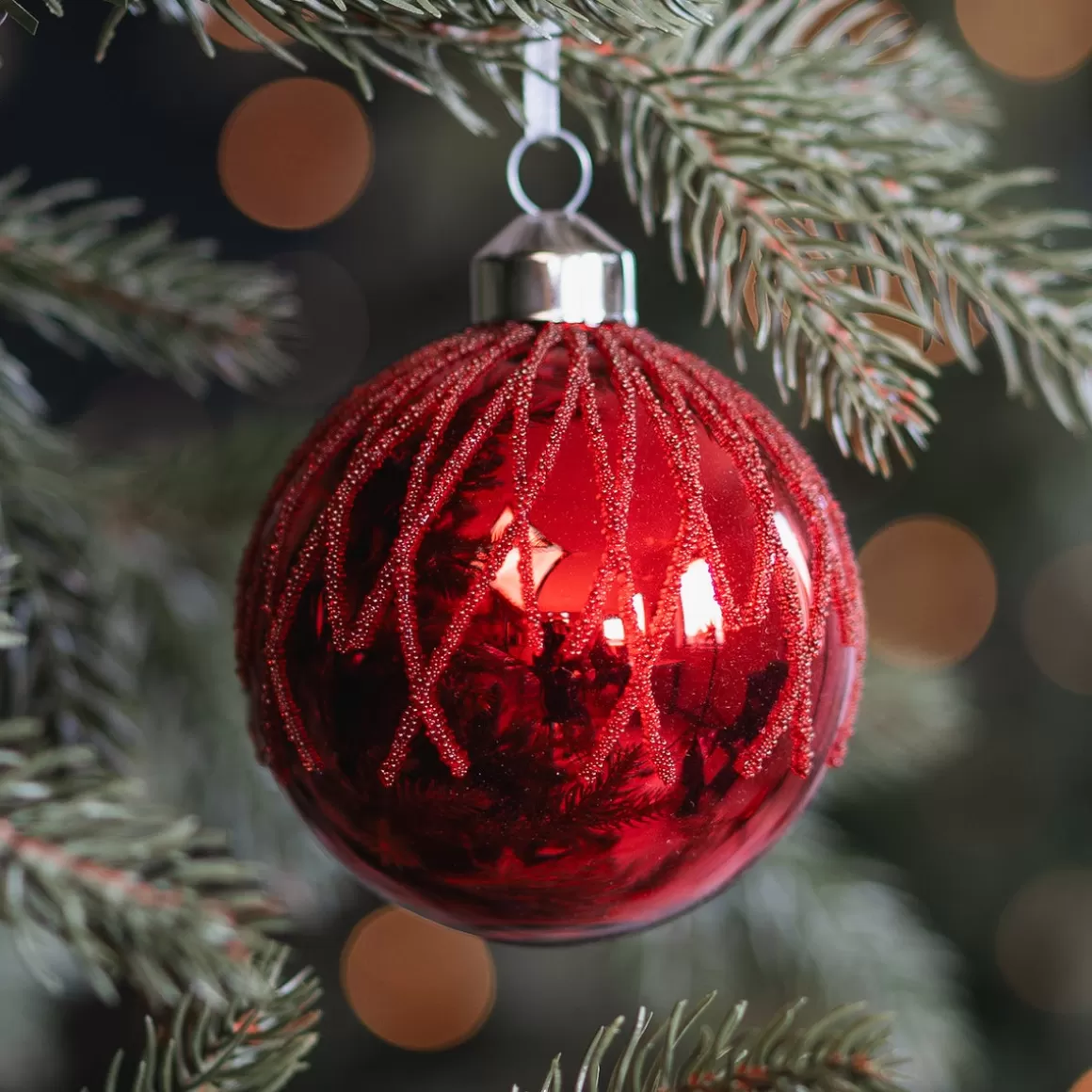 It's all about Christmas Christmas Baubles By Colour | Glass Christmas Baubles-Traditional Red Christmas Bauble With Dewdrop Stripes