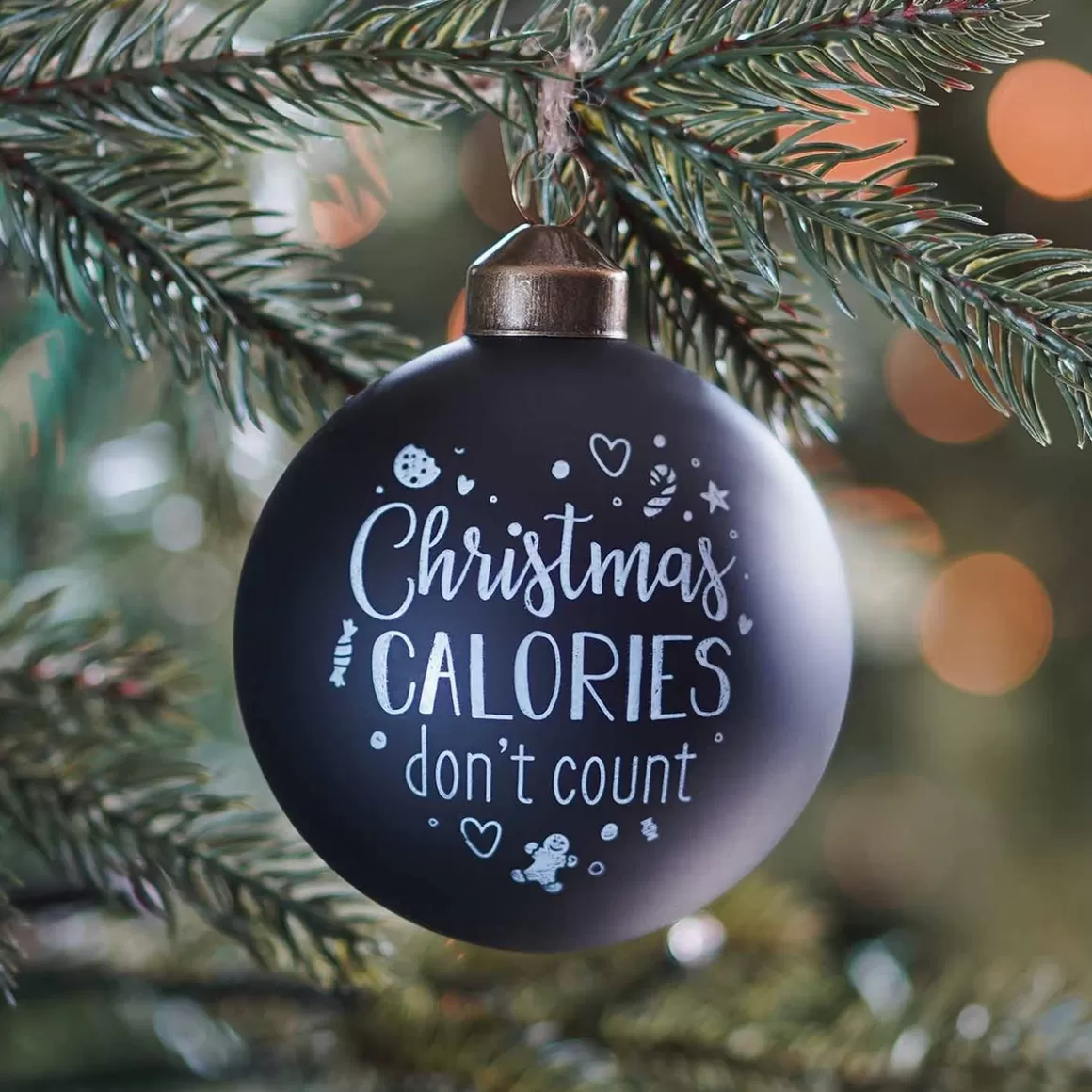 It's all about Christmas Funny Christmas Baubles | Luxury Christmas Baubles-Unique Glass Christmas Bauble "Christmas Calories Don't Count" 8cm Black