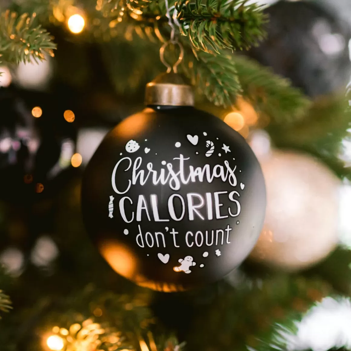 It's all about Christmas Funny Christmas Baubles | Luxury Christmas Baubles-Unique Glass Christmas Bauble "Christmas Calories Don't Count" 8cm Black