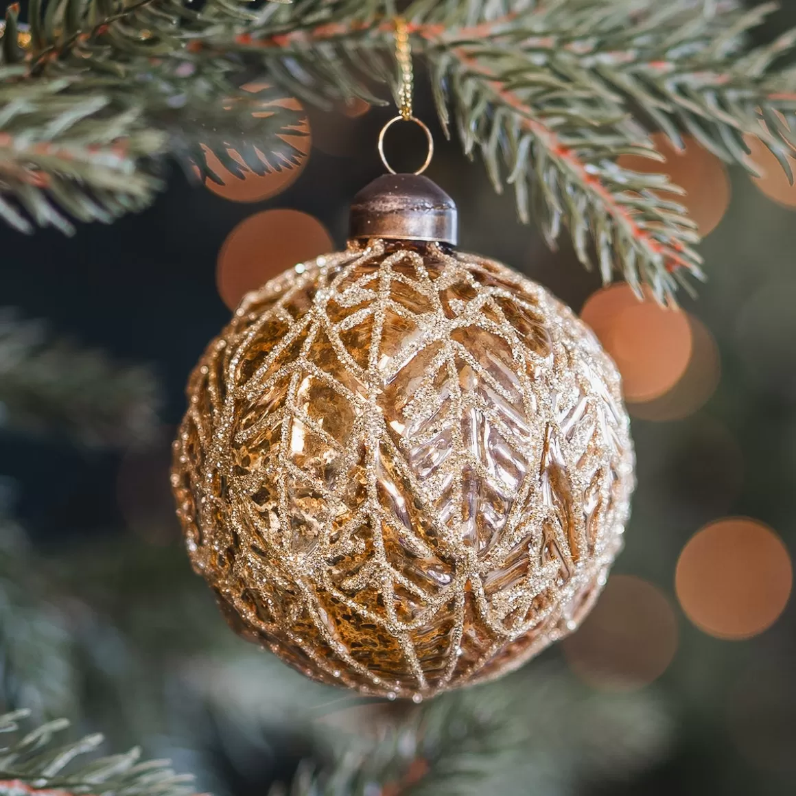 It's all about Christmas Extraordinary Baubles | Christmas Baubles By Colour-Warm Gold Christmas Bauble With Leaf Motif