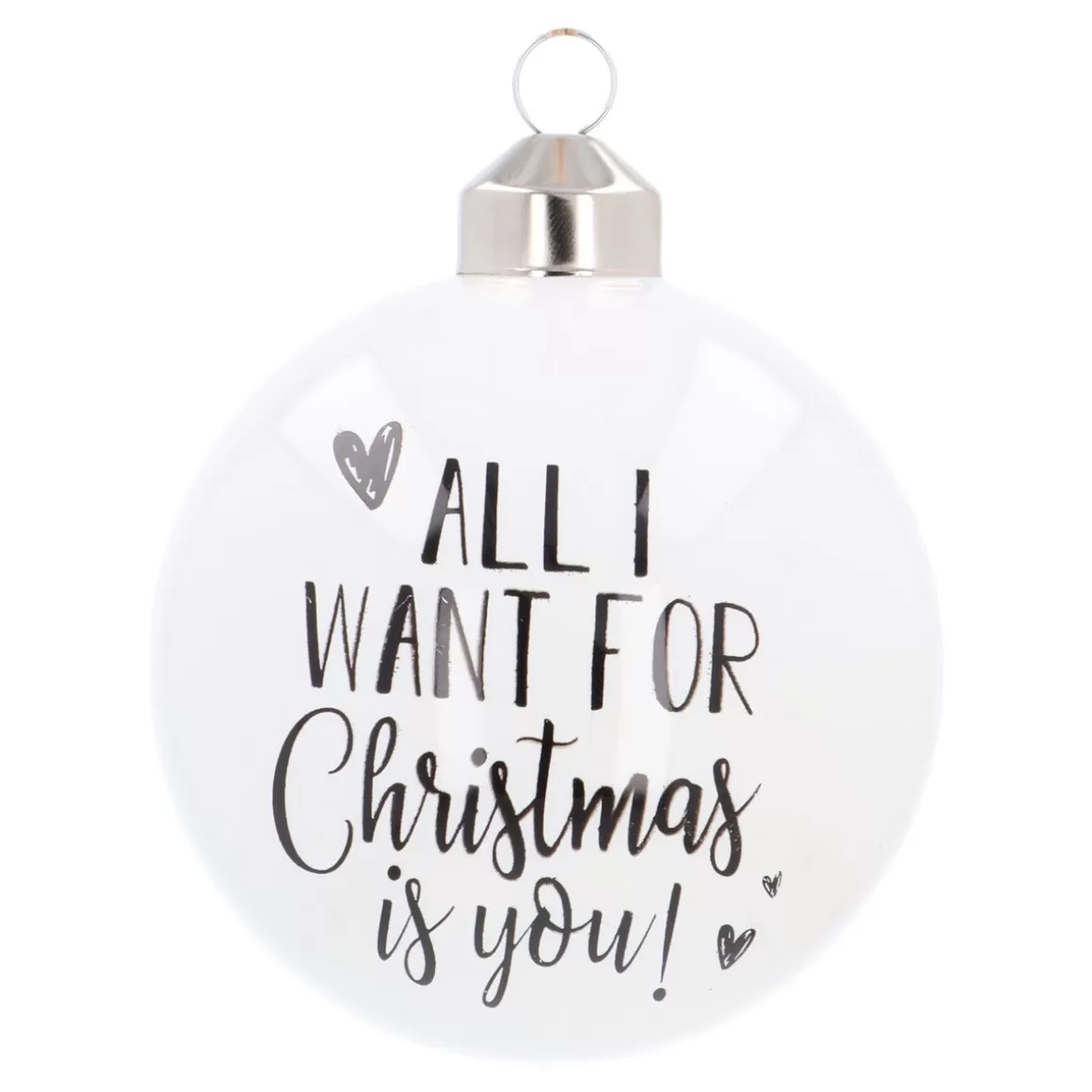 It's all about Christmas Christmas Baubles By Colour | Glass Christmas Baubles-White Christmas Bauble 'All I Want For Christmas Is You!'