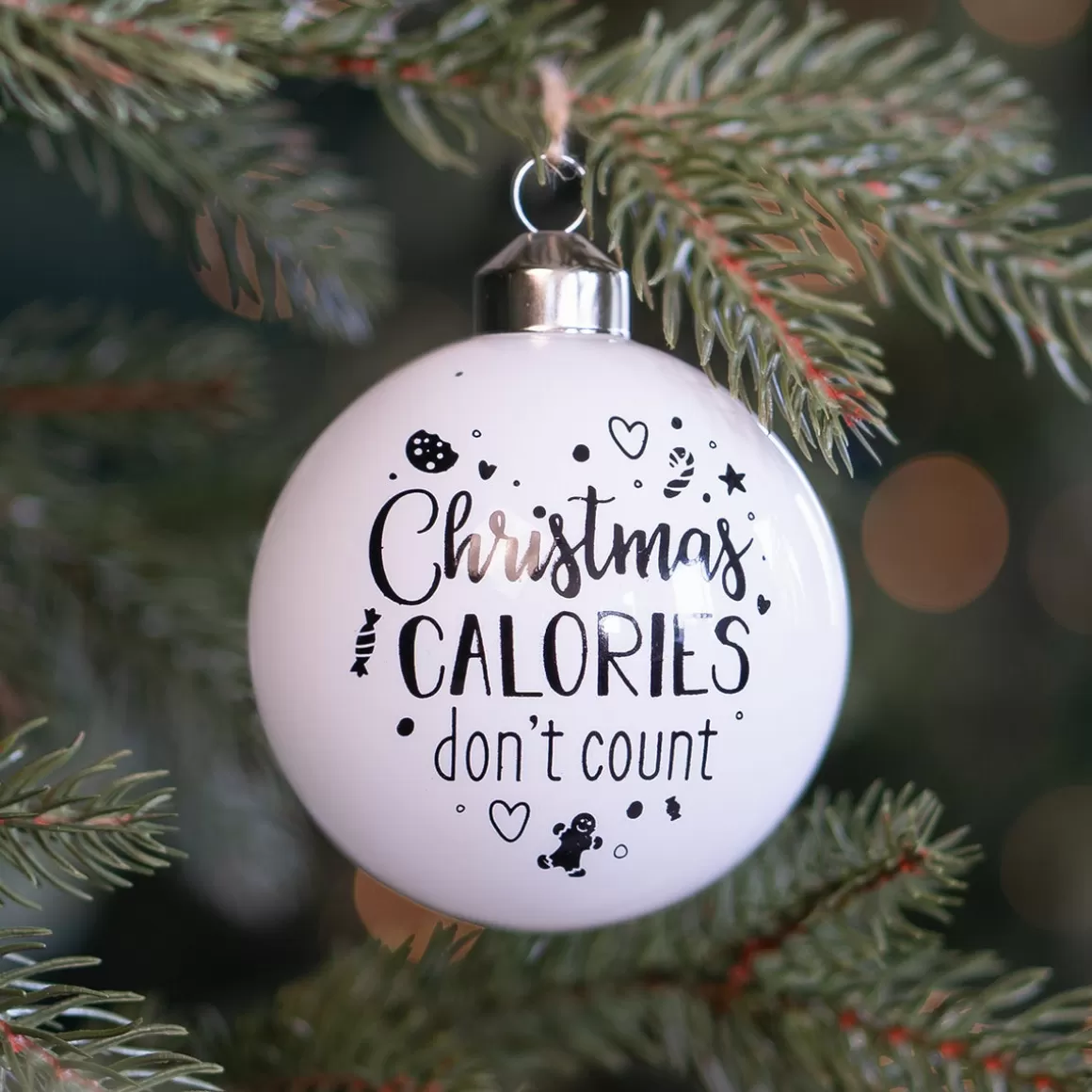 It's all about Christmas Christmas Baubles By Colour-White Christmas Bauble 'Calories Don't Count'