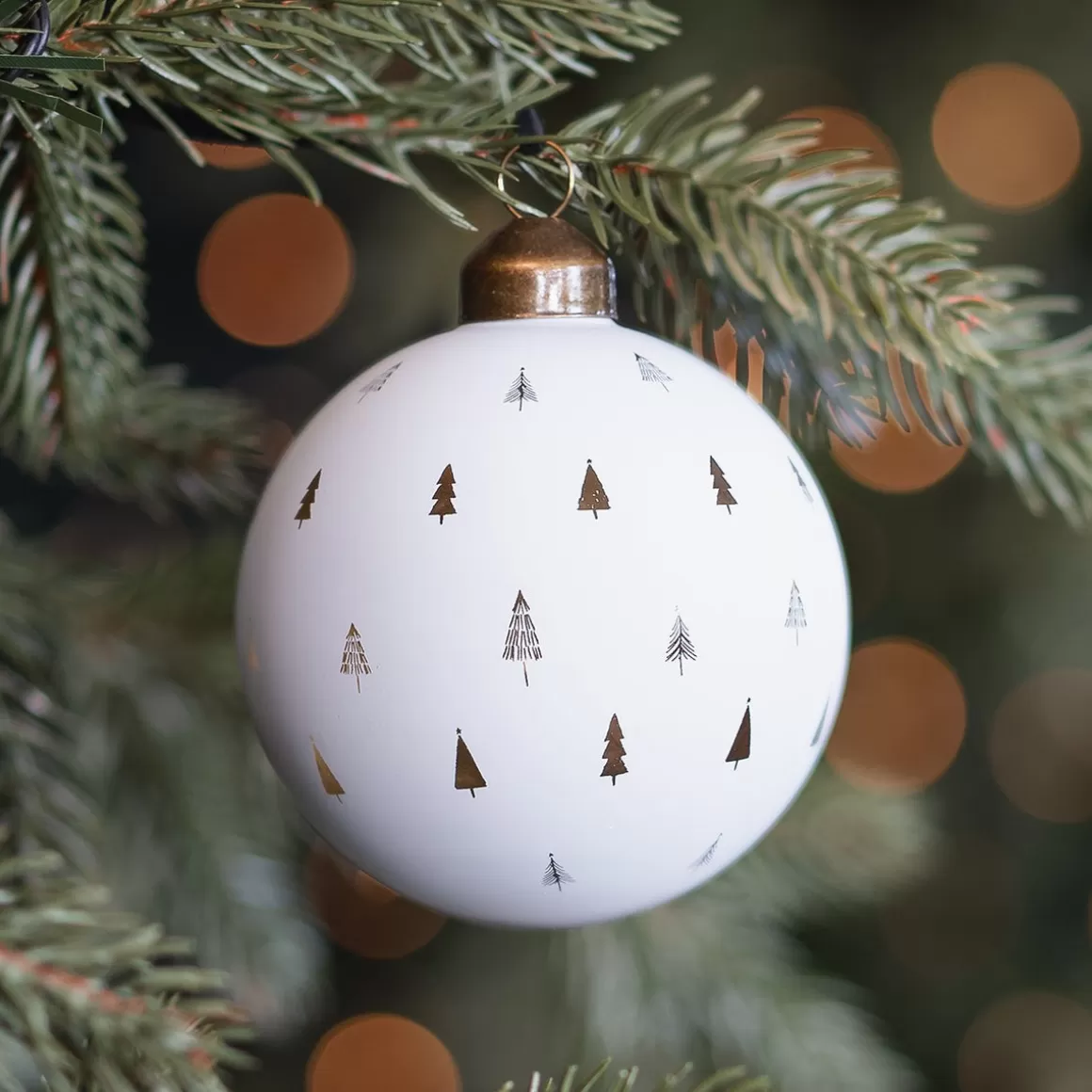 It's all about Christmas Christmas Baubles By Colour | Glass Christmas Baubles-White Christmas Bauble With Cut-Out Christmas Trees