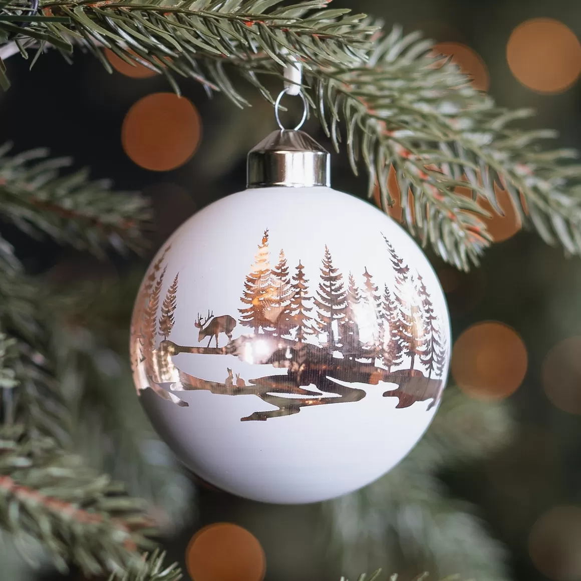 It's all about Christmas Christmas Baubles By Colour | Glass Christmas Baubles-White Christmas Bauble With Cut-Out Winter Scene