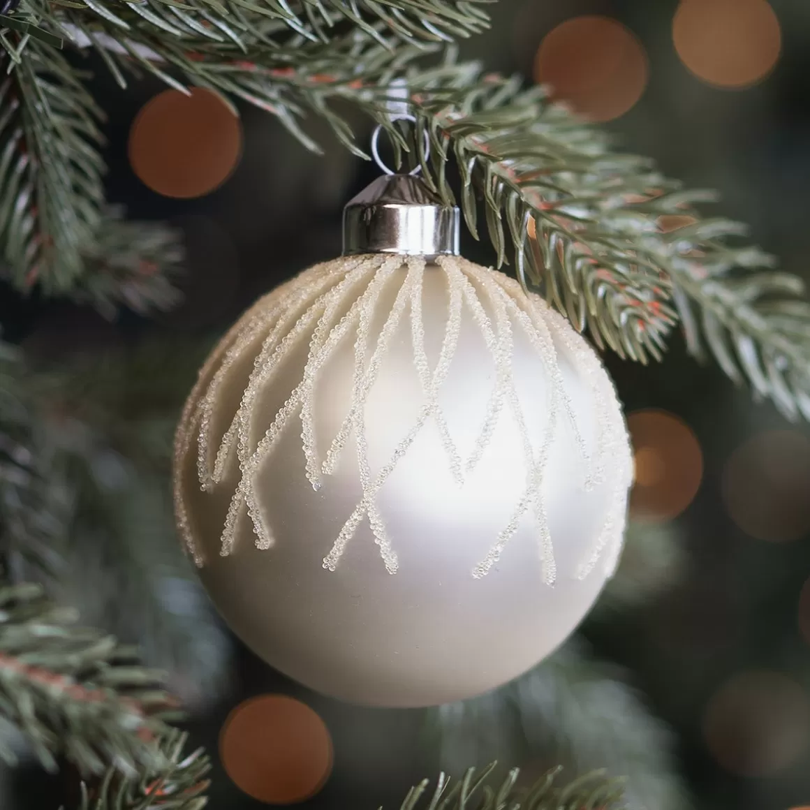 It's all about Christmas Christmas Baubles By Colour-White Christmas Bauble With Dewdrop Stripes