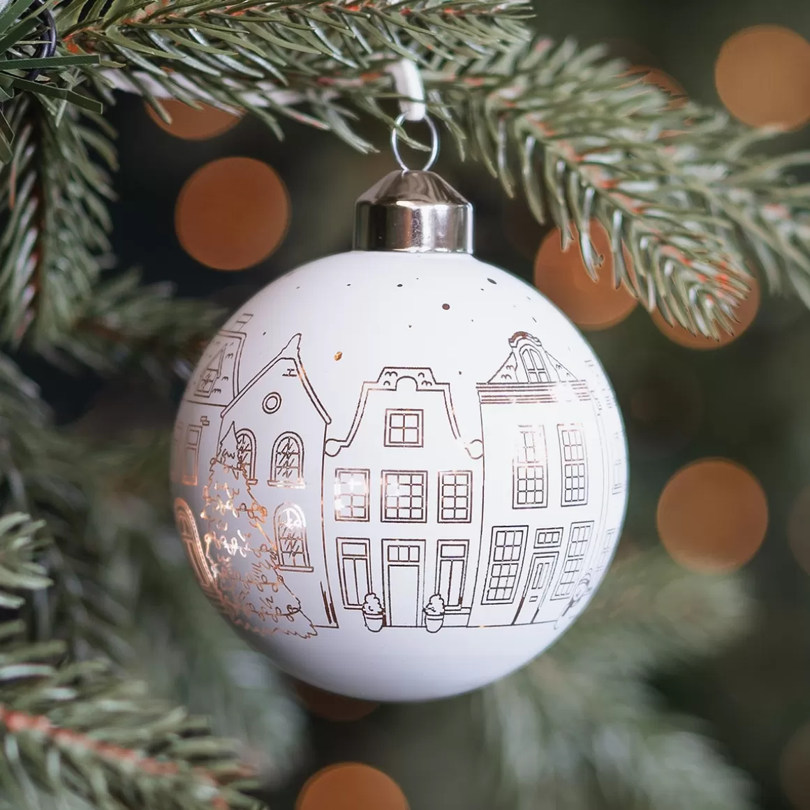 It's all about Christmas Glass Christmas Baubles-White Christmas Bauble With Fine Cut-Out Houses