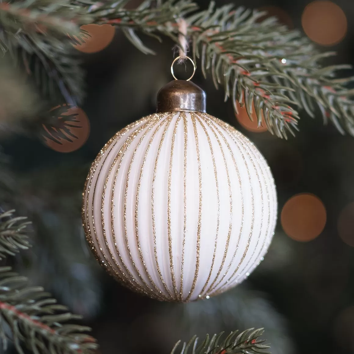 It's all about Christmas Extraordinary Baubles | Christmas Baubles By Colour-White Christmas Bauble With Gold Glitter Stripes