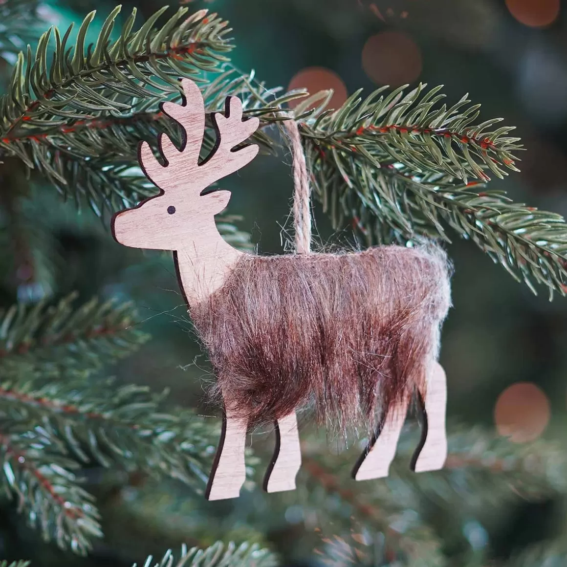 It's all about Christmas All Christmas Decorations | Christmas Ornaments-Wooden Fur Reindeer Ornament | Natural | 12 Cm